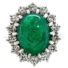 Vintage French GIA Colombian Emerald Diamond 18 Karat White Gold Cluster Ring
