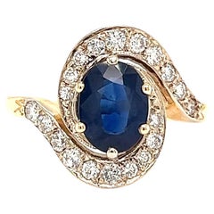 Vintage French GIA 1.67ct Dark Blue Sapphire Diamond 18 Karat Gold Swirl Ring