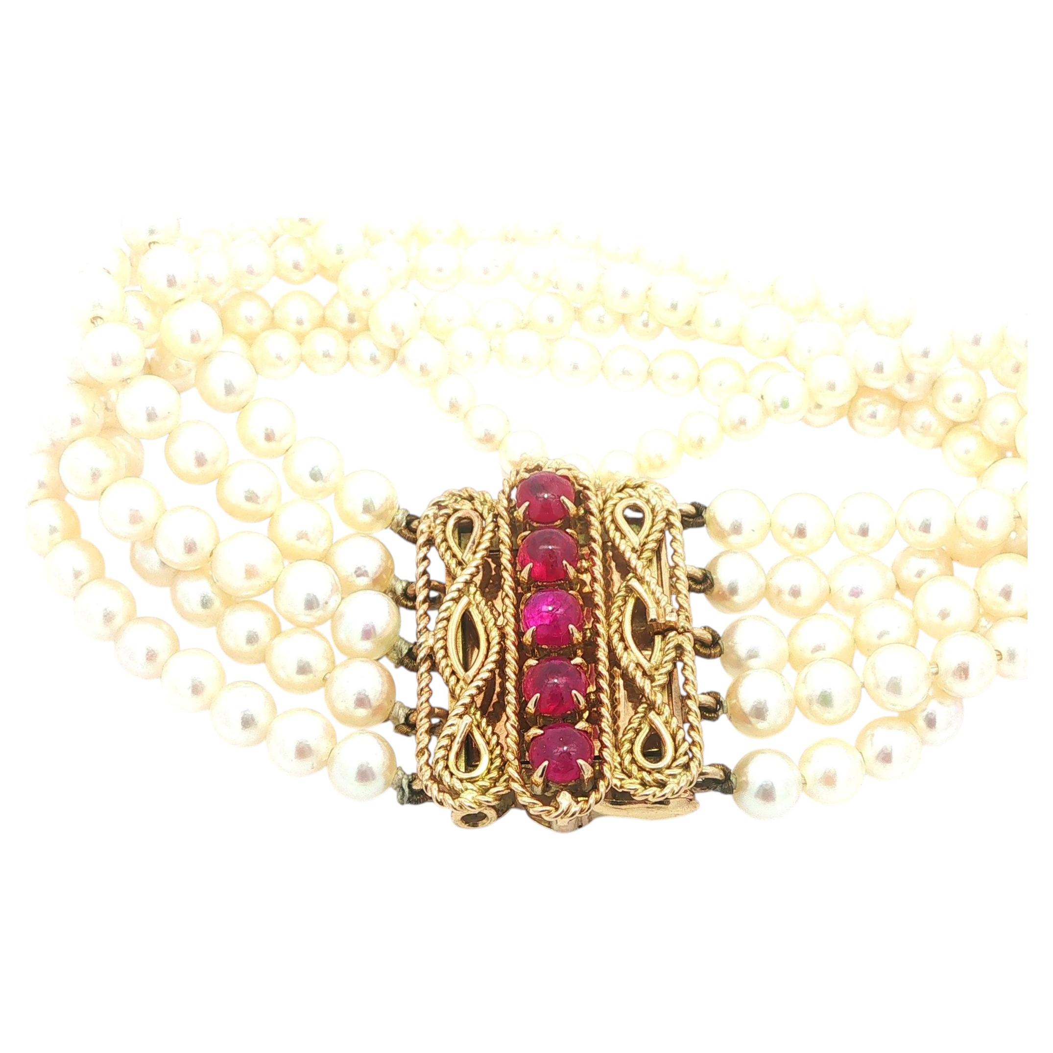 Vintage French GIA Pearl 5 Strand Bracelet 18k Yellow Gold Burma Ruby Clasp For Sale