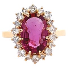 Vintage French GIA Purplish Pink Sapphire Diamond 18K Yellow Gold Cluster Ring