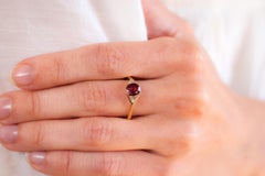 Vintage French GIA Ruby Diamond 18K Yellow Gold Three Stone Ring