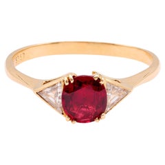 Vintage French GIA Ruby Diamond 18K Yellow Gold Three Stone Ring