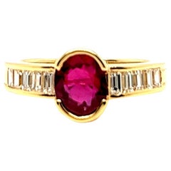 Vintage French GIA Thailand Ruby Diamond 18 Karat Yellow Gold Ring