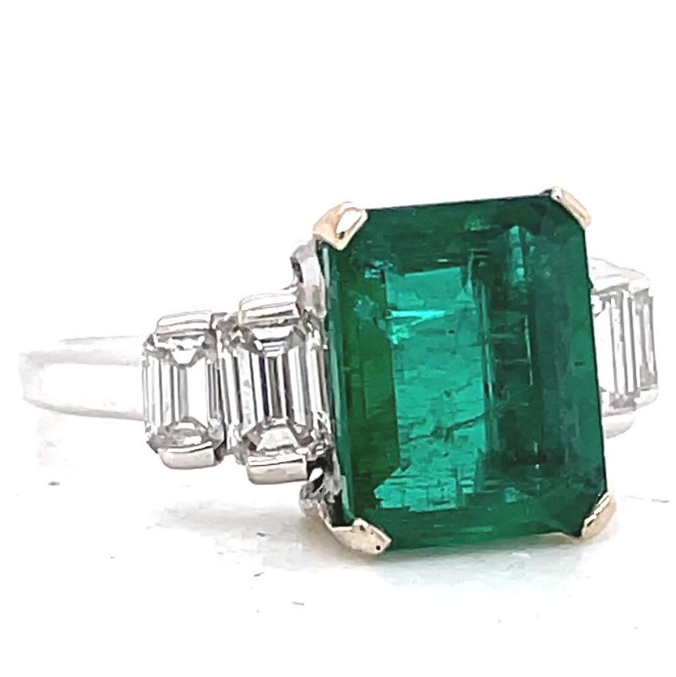 Emerald Cut Vintage French GIA Zambian Emerald Diamond 18 Karat White Gold Ring