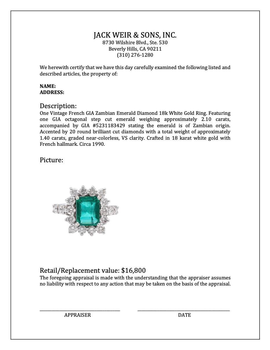 Vintage French GIA Zambian Emerald Diamond 18k White Gold Ring For Sale 2