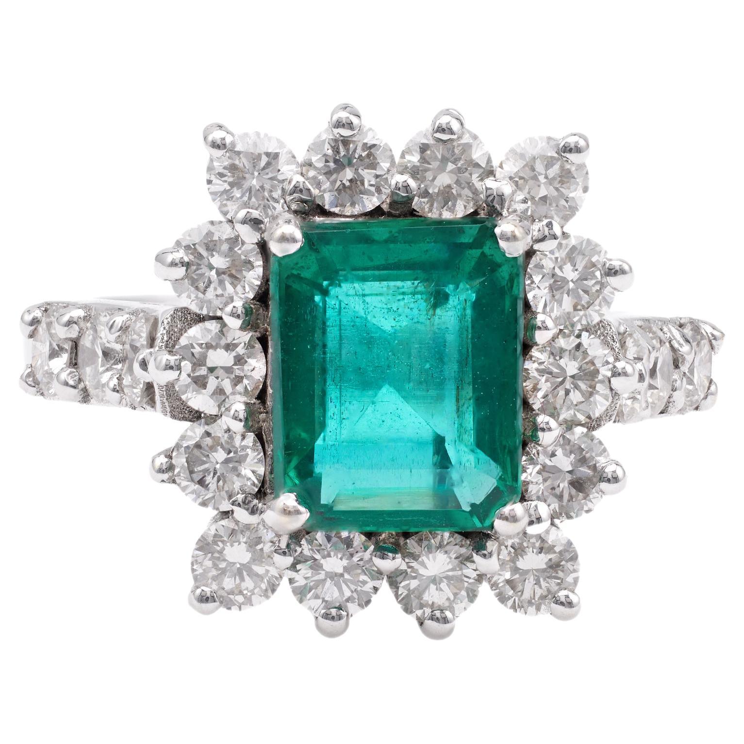 Vintage French GIA Zambian Emerald Diamond 18k White Gold Ring For Sale