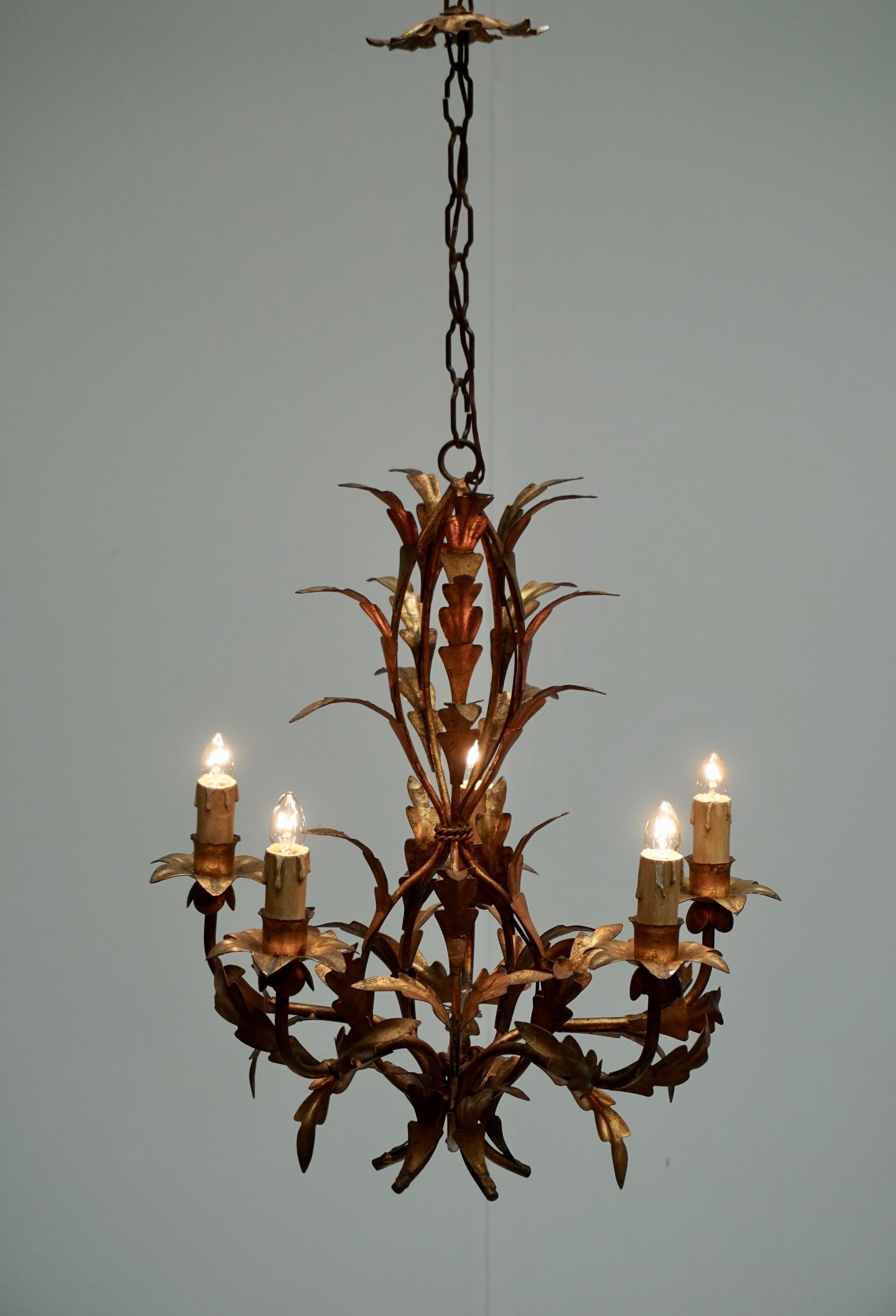 Gilt Vintage French Gilded Iron Tôle Flower Chandelier, circa 1940