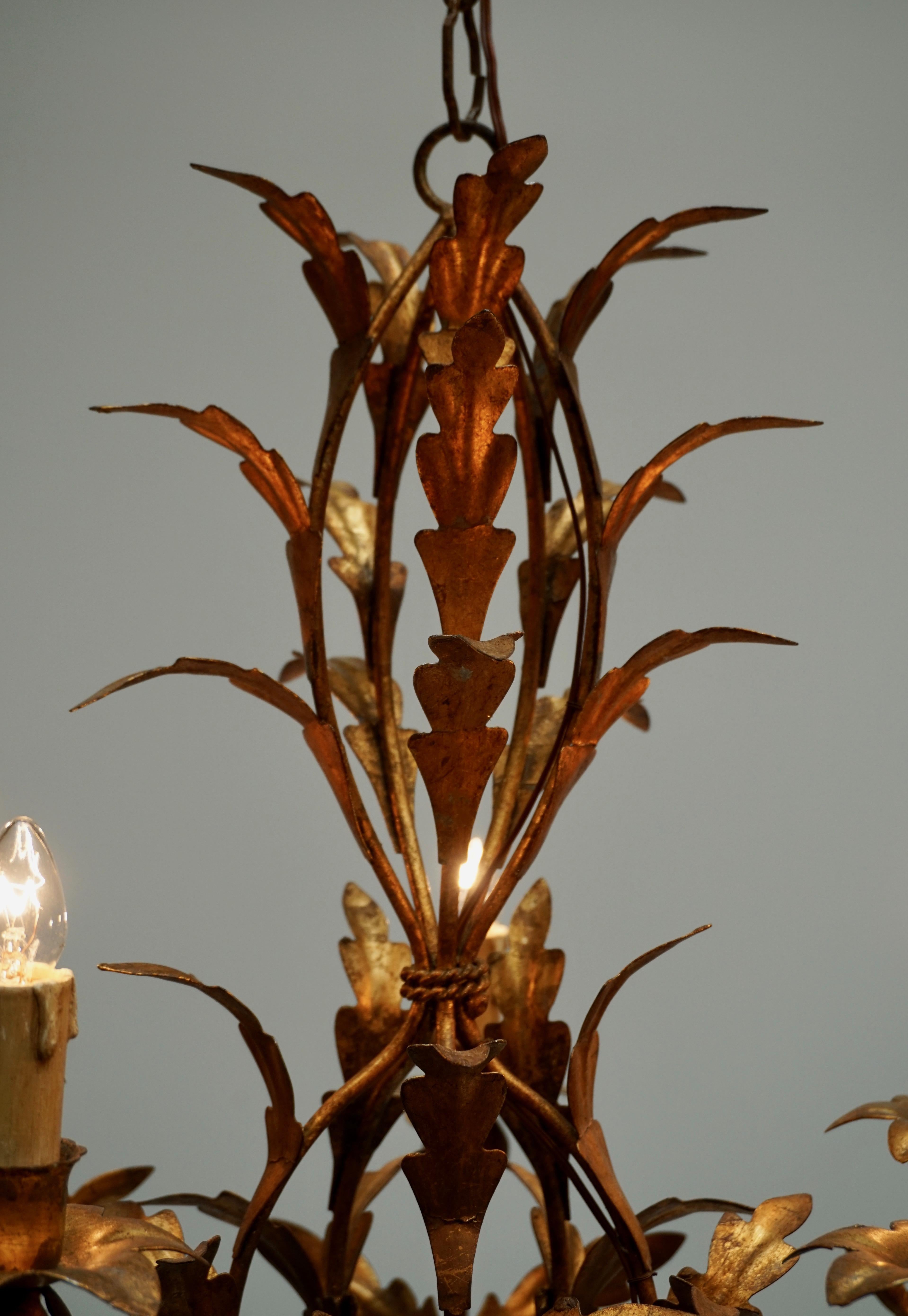 Vintage French Gilded Iron Tôle Flower Chandelier, circa 1940 In Good Condition In Antwerp, BE