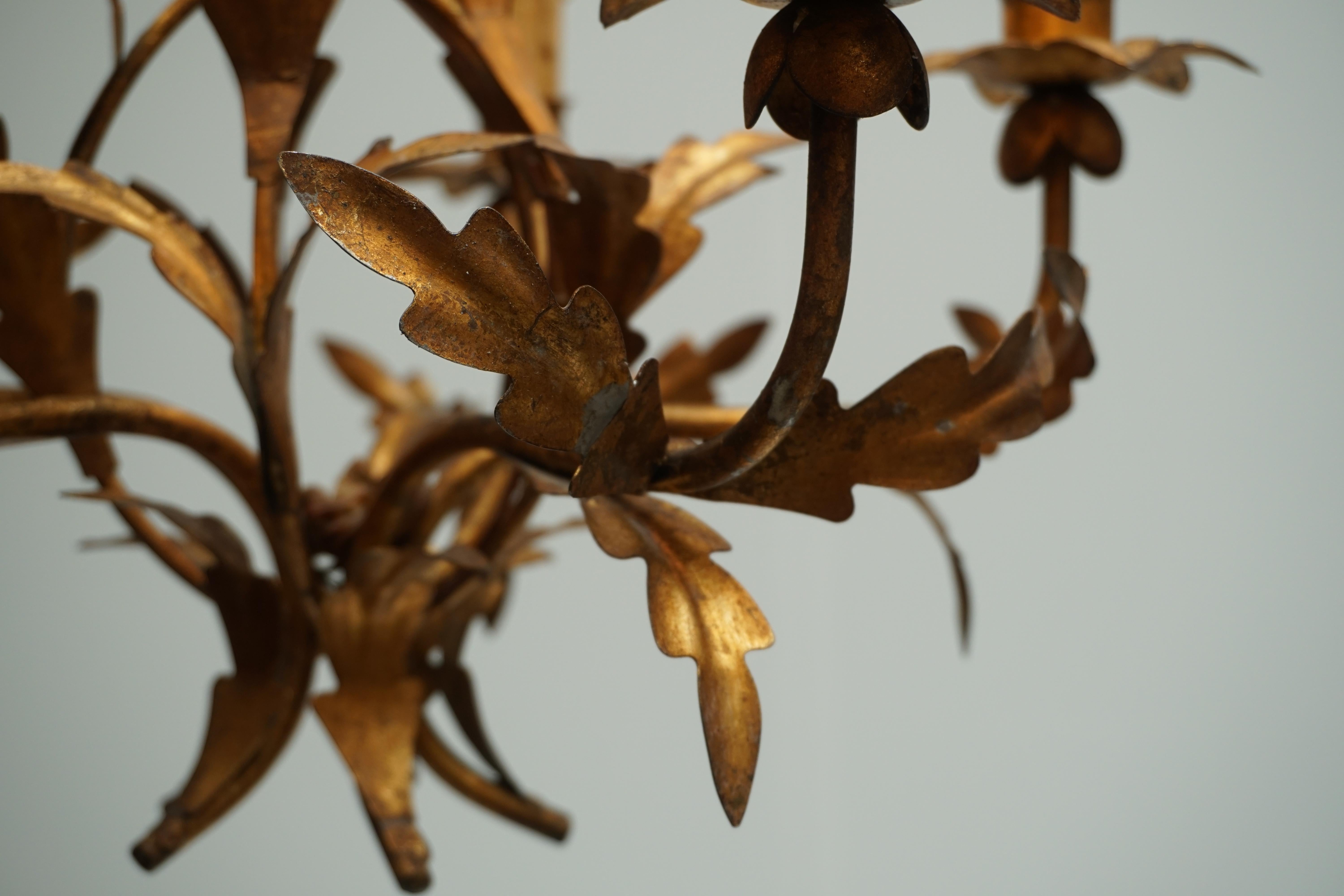 20th Century Vintage French Gilded Iron Tôle Flower Chandelier, circa 1940