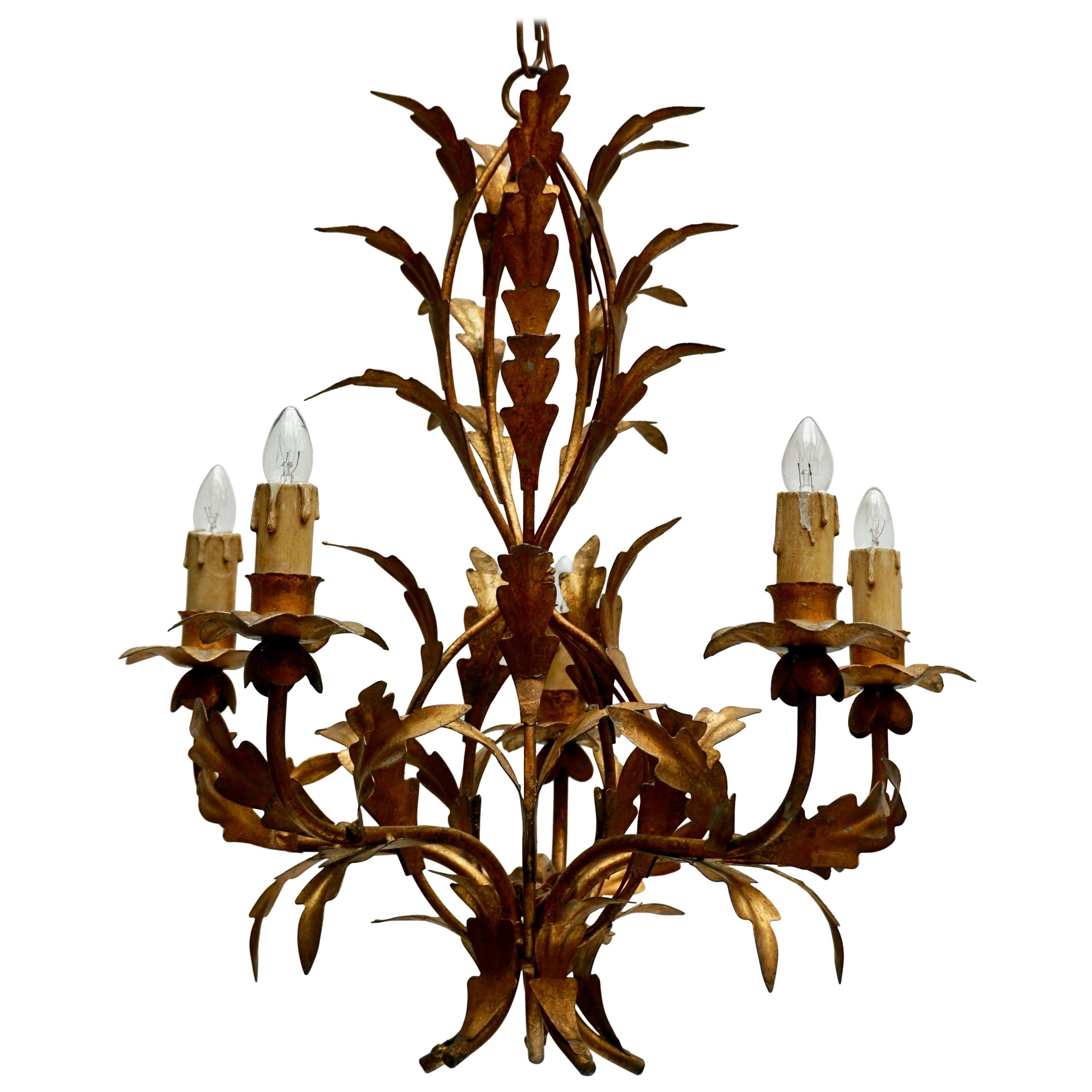 Vintage French Gilded Iron Tôle Flower Chandelier, circa 1940