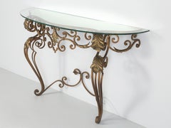 Vintage French Gilded Wrought Iron Console Table c1940's with Glass Top