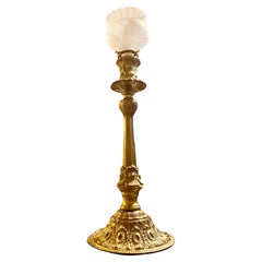Vintage French Gilt Brass Candlestick Lamp With Frosted Etched Ruffled Shade