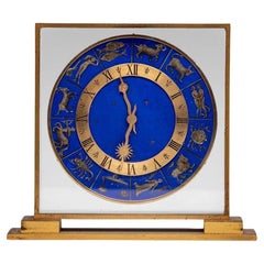 Vintage Französisch vergoldet Messing, Glas und Emaille Zodiac Astrologie thematische Uhr