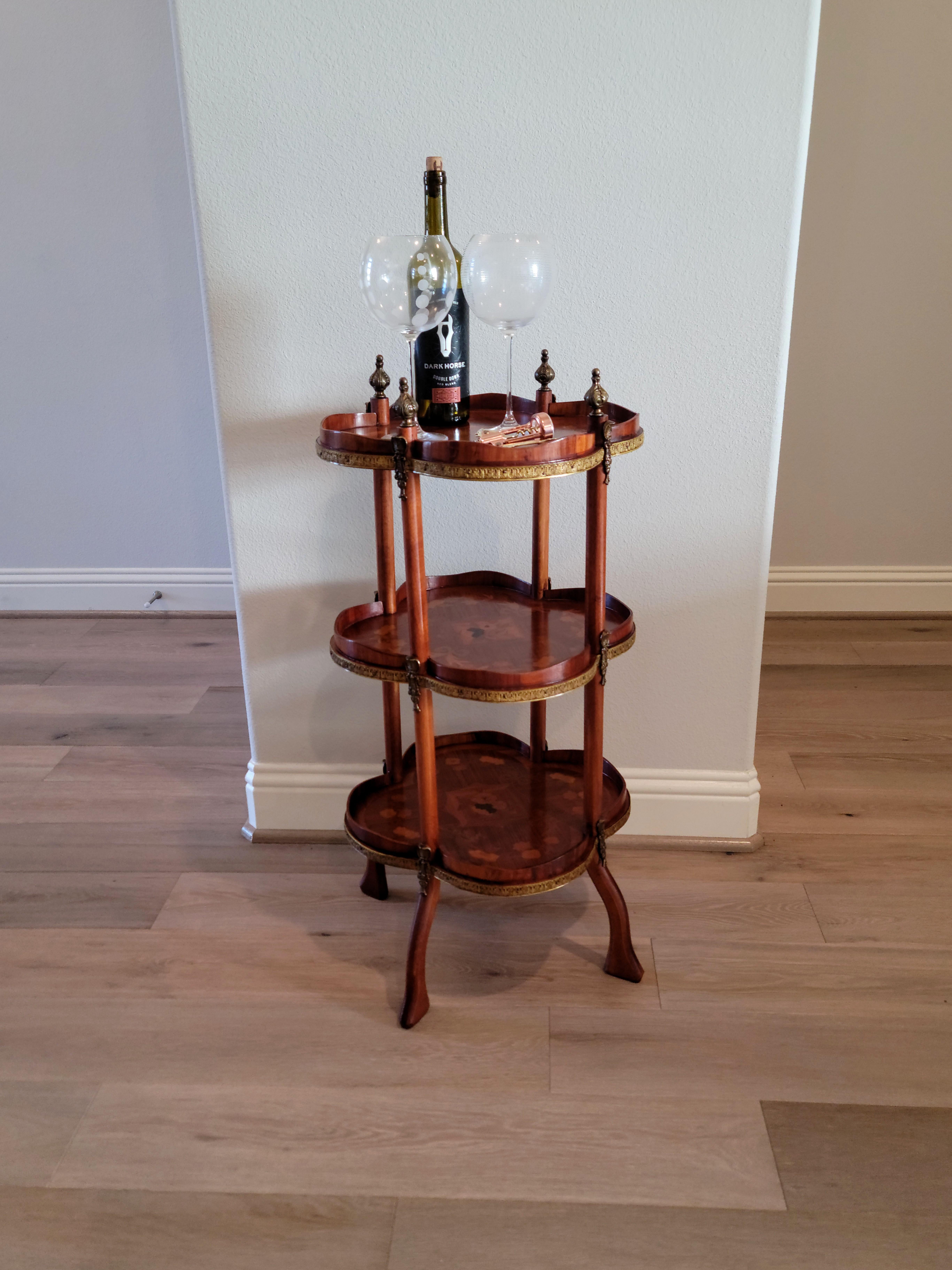 Vintage French Gilt Bronze Mounted Mahogany Marquetry Tiered Etagere Table For Sale 2