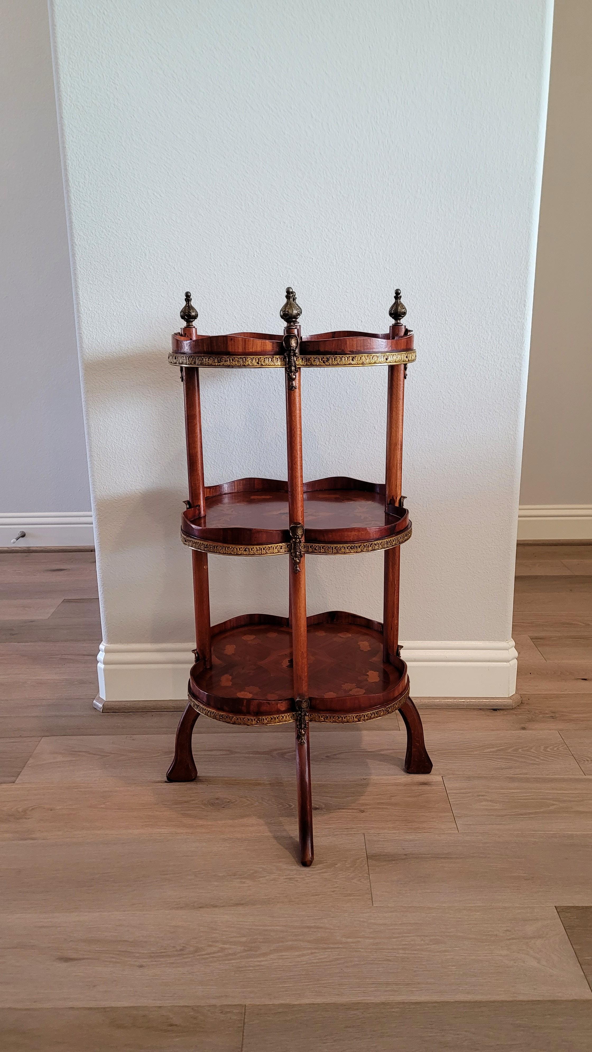 Vintage French Gilt Bronze Mounted Mahogany Marquetry Tiered Etagere Table For Sale 4