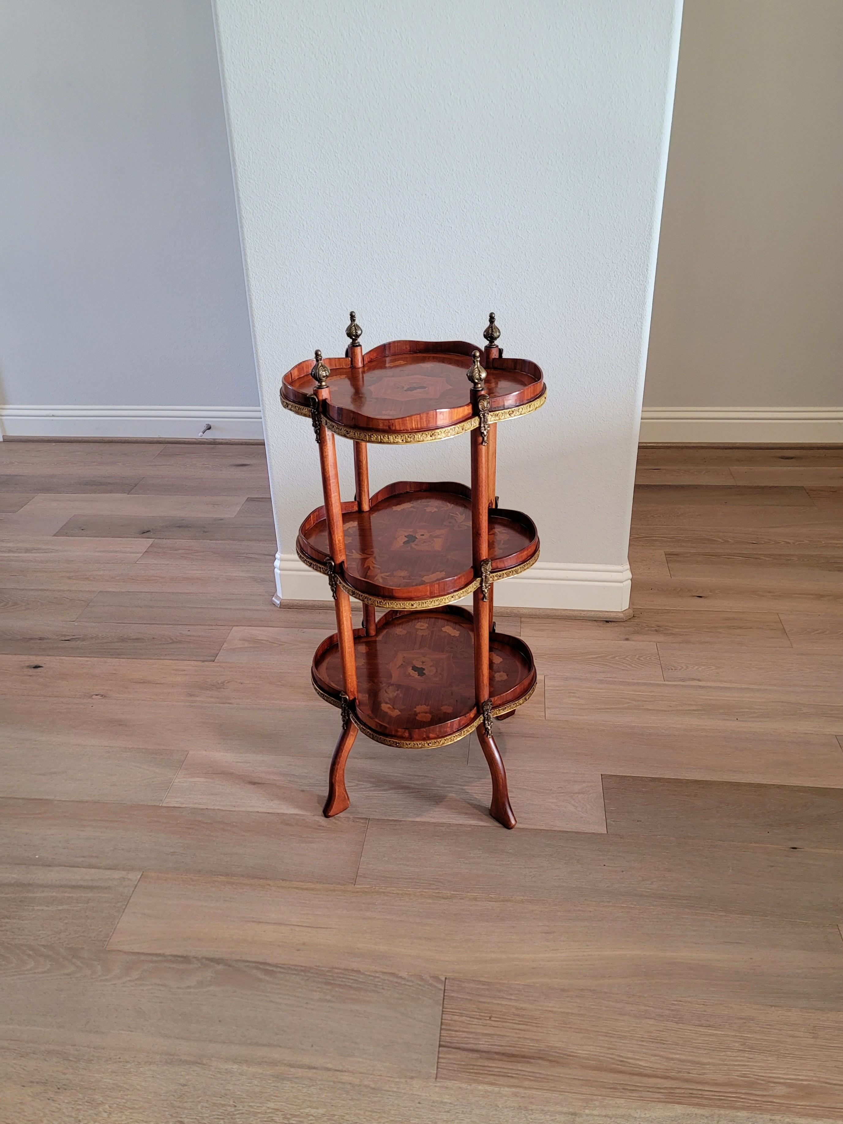 Vintage French Gilt Bronze Mounted Mahogany Marquetry Tiered Etagere Table For Sale 6