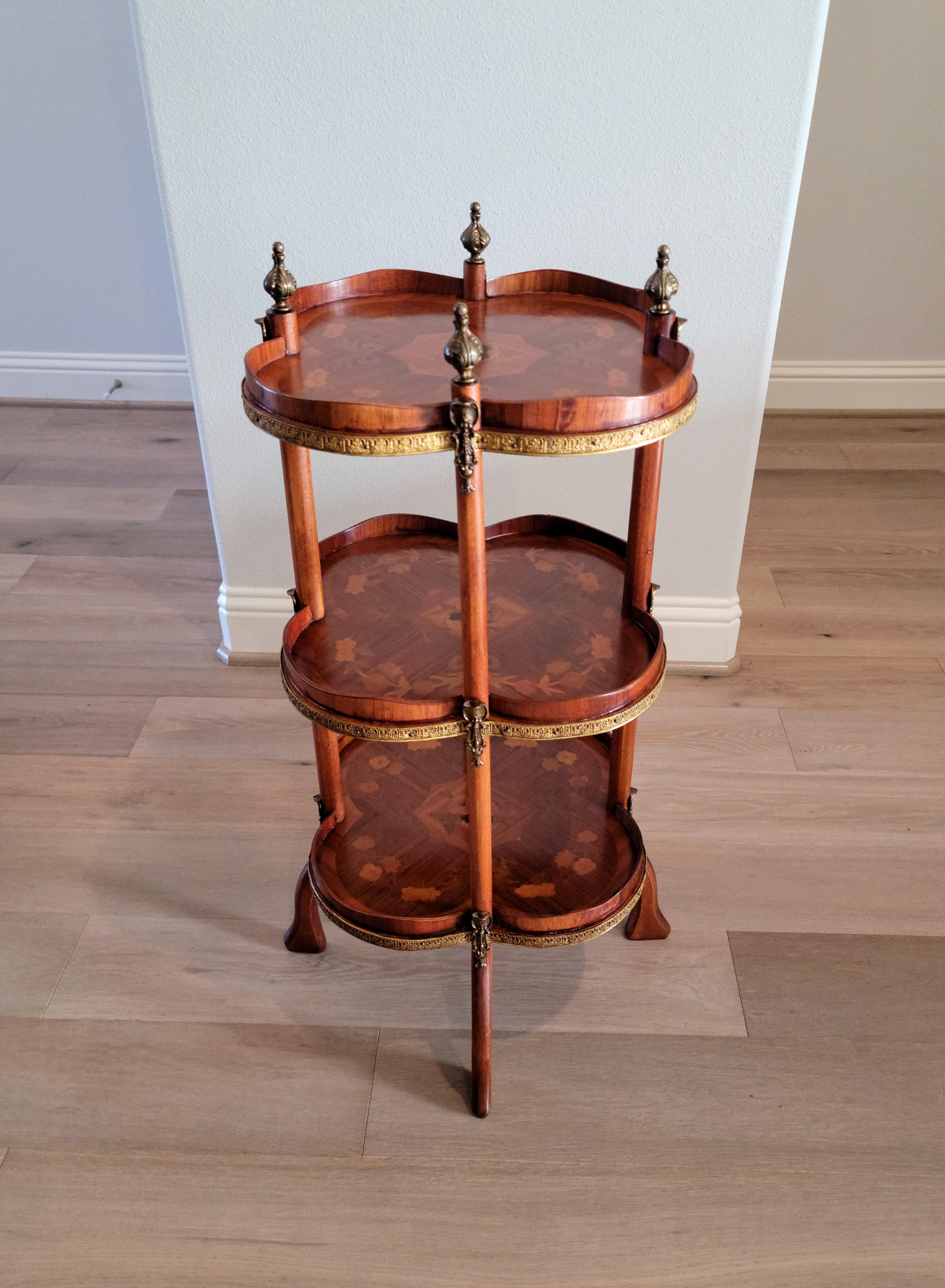 Vintage French Gilt Bronze Mounted Mahogany Marquetry Tiered Etagere Table For Sale 9