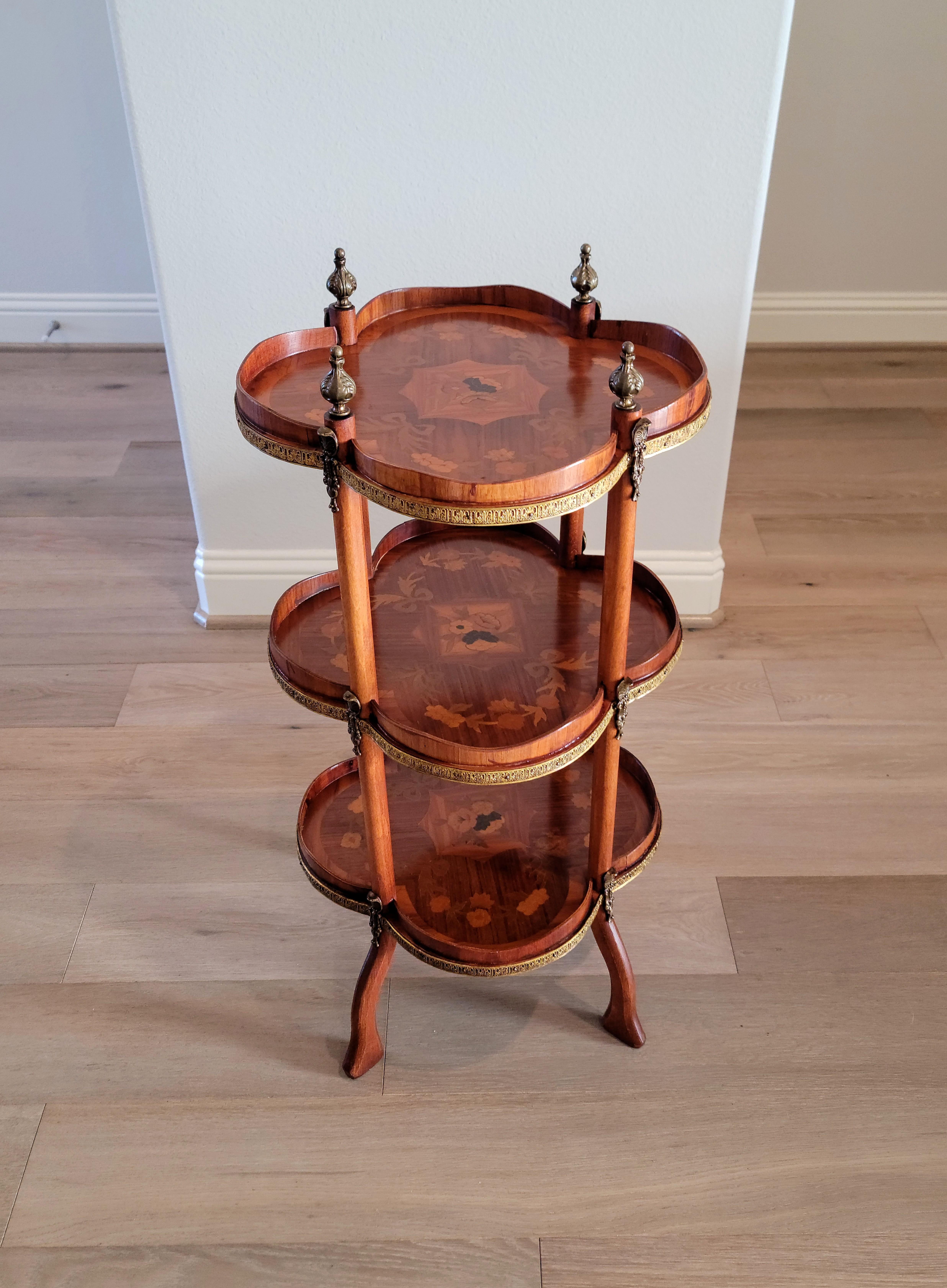 Vintage French Gilt Bronze Mounted Mahogany Marquetry Tiered Etagere Table For Sale 10