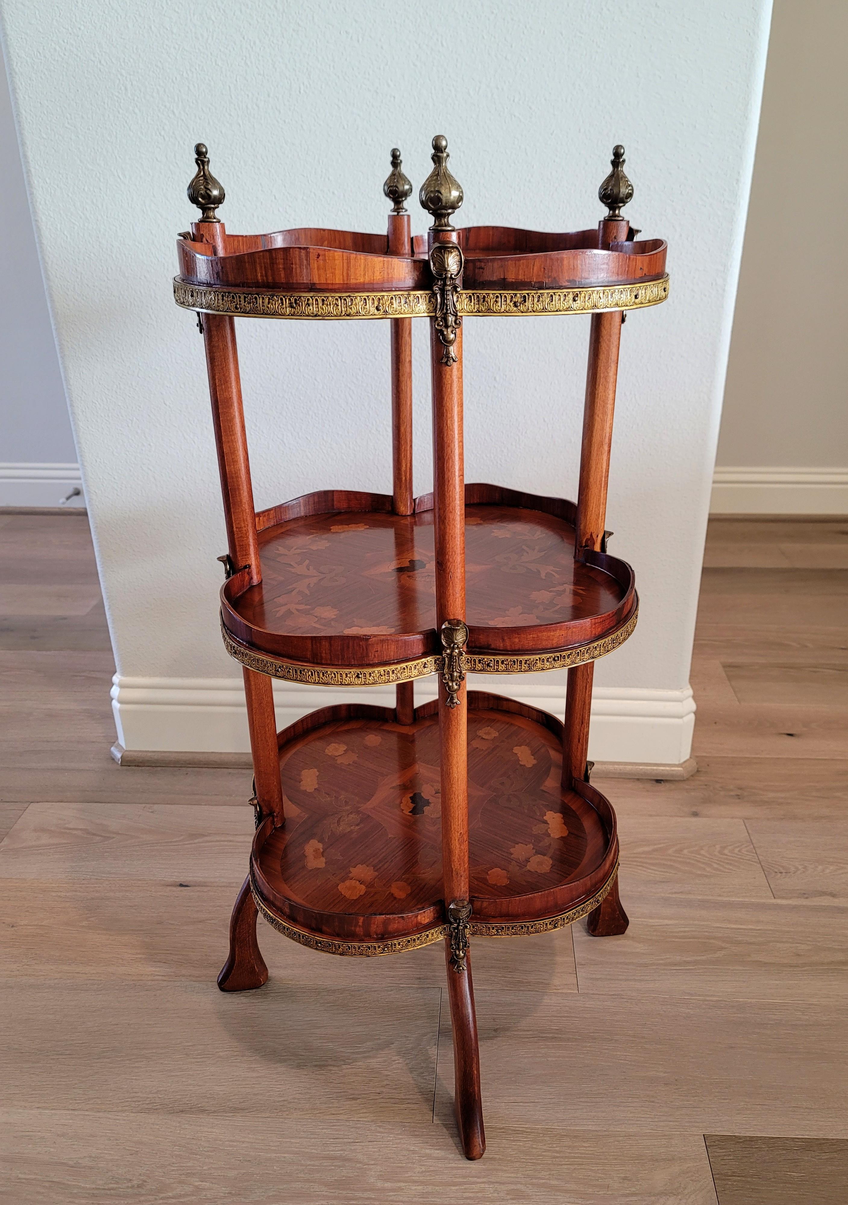 Brass Vintage French Gilt Bronze Mounted Mahogany Marquetry Tiered Etagere Table For Sale