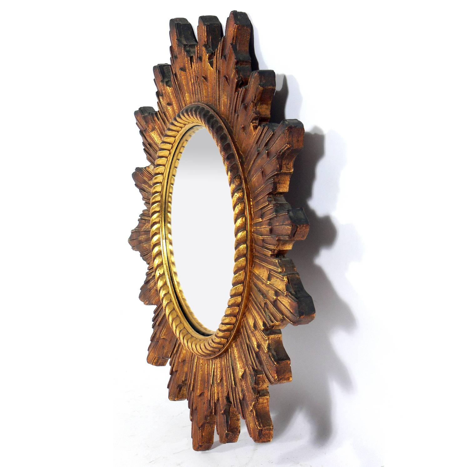 Hollywood Regency Vintage French Gilt Convex Sunburst Mirror