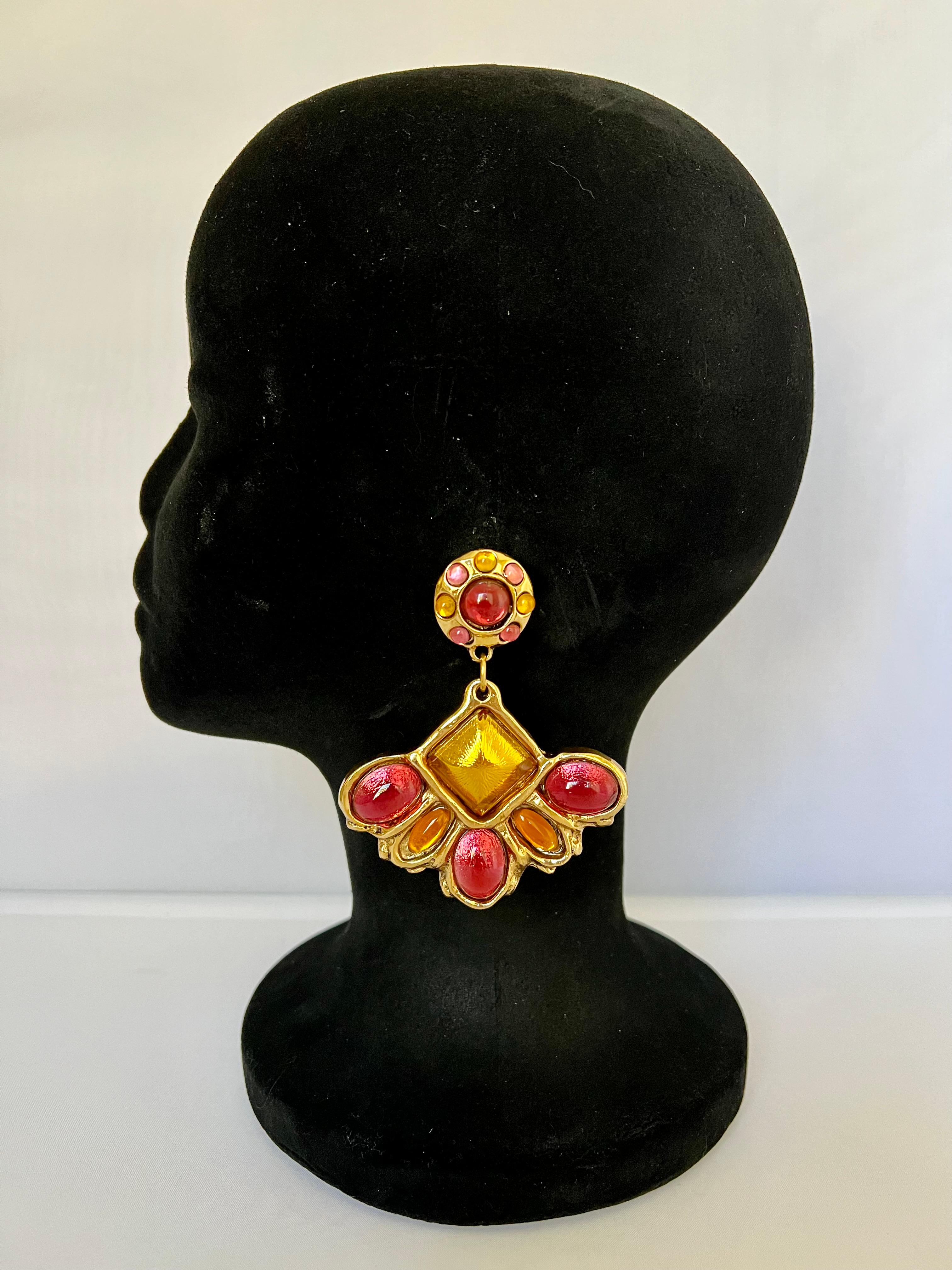 Artisan Vintage French Gilt Fan Jeweled Earrings  For Sale