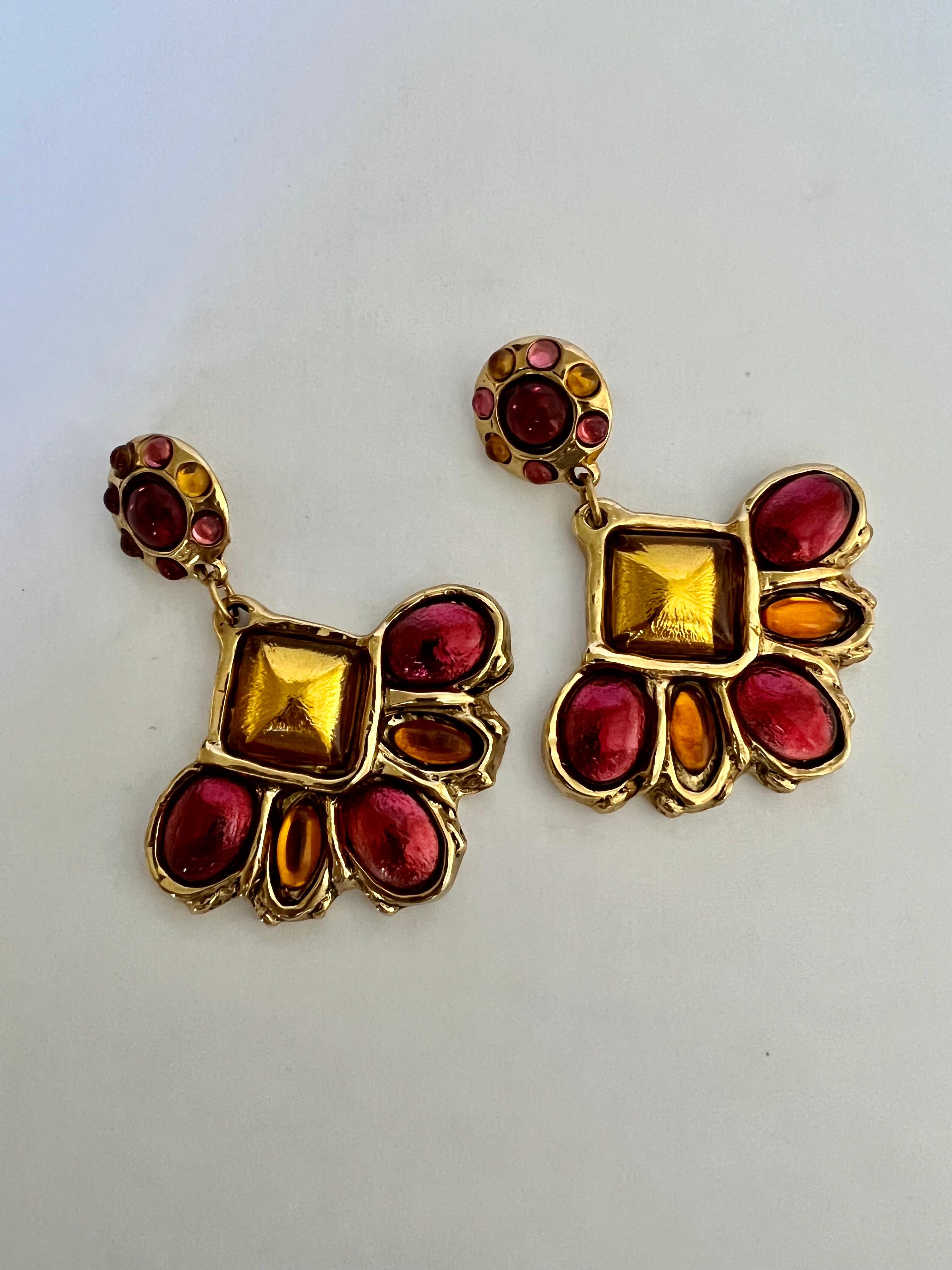 Women's Vintage French Gilt Fan Jeweled Earrings  For Sale
