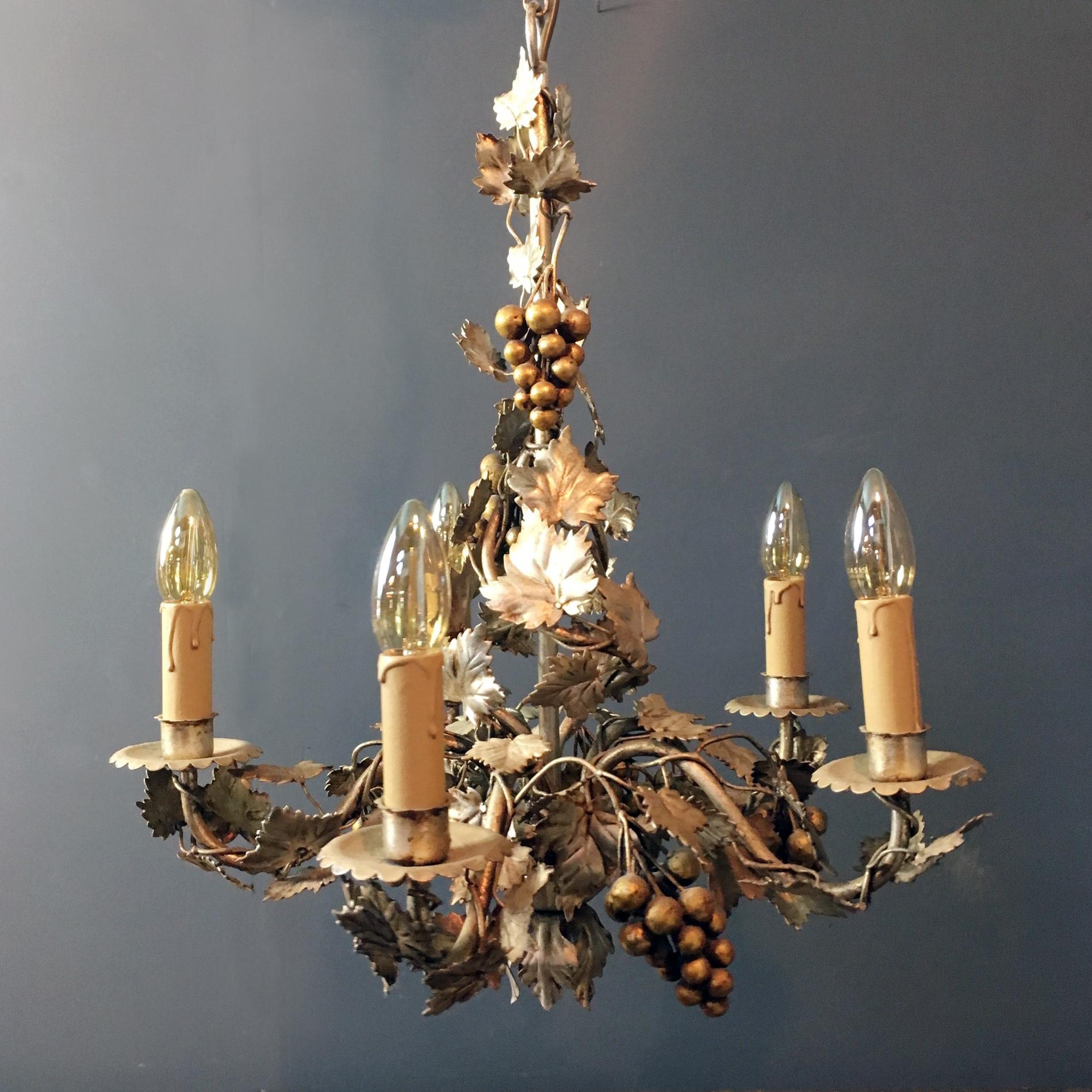 Hand-Crafted Vintage French Gilt Grape Tole Chandelier