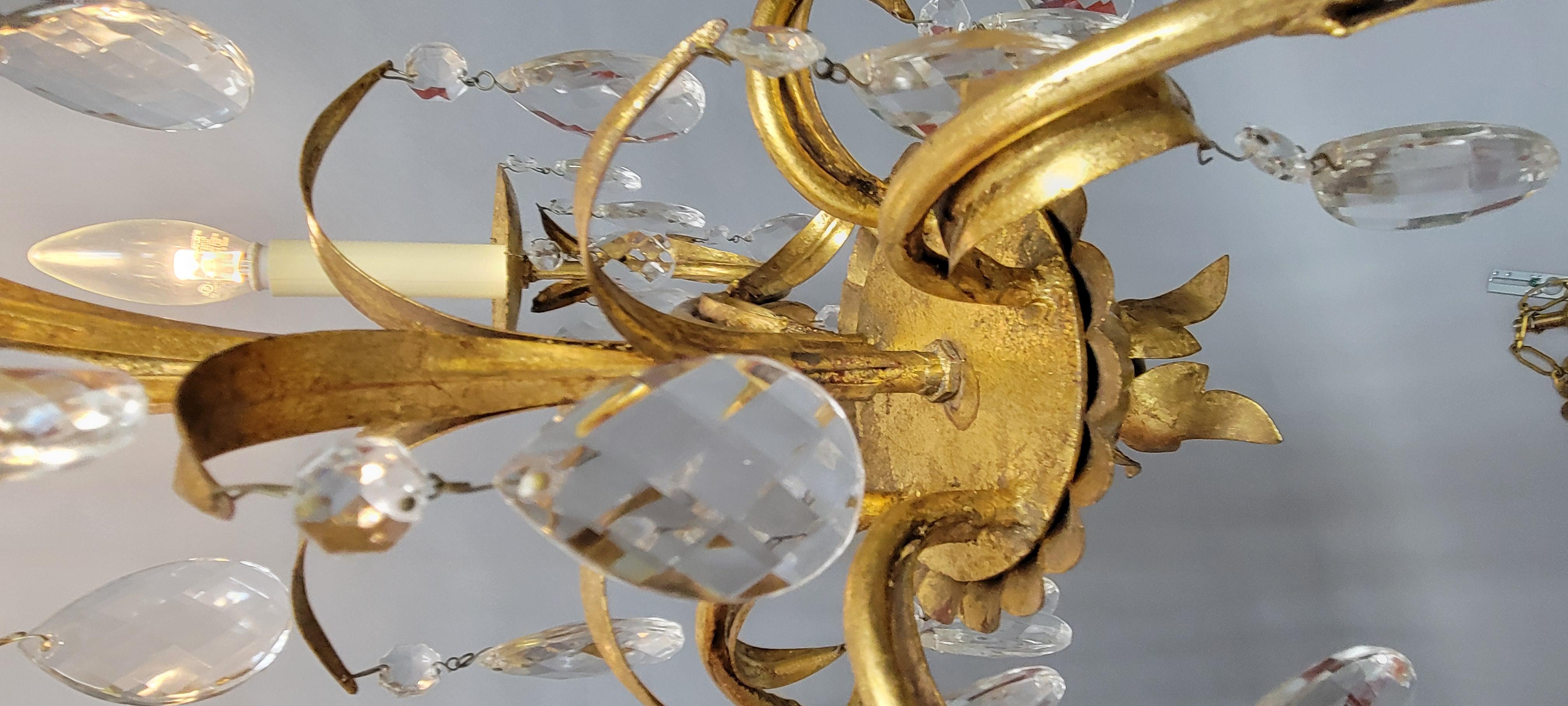 Vintage French Gilt Iron and Crystal Chandelier, 5-Light In Good Condition For Sale In Cincinnati, OH