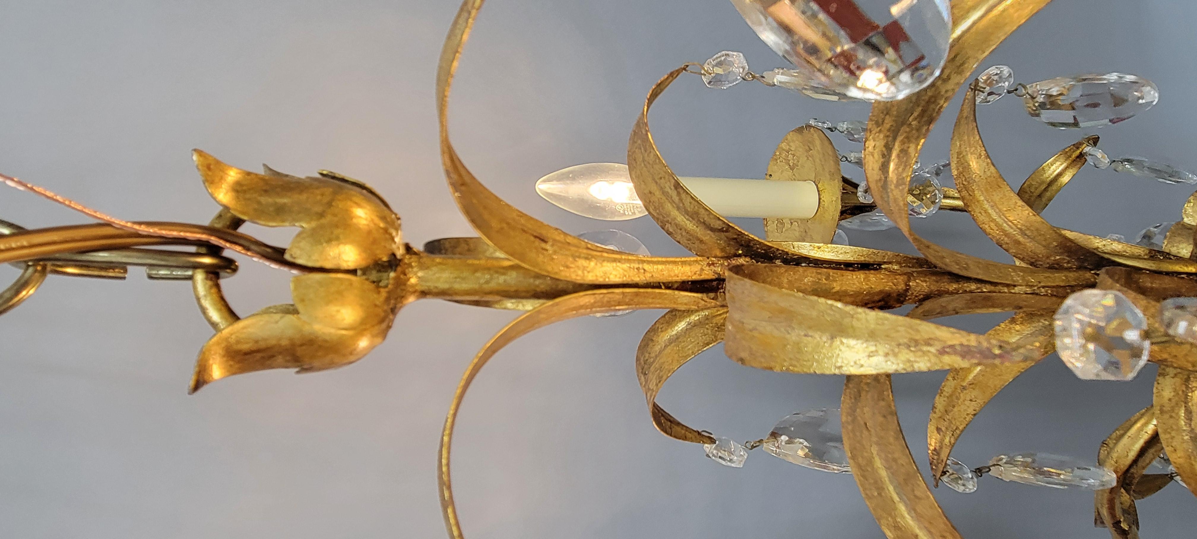 Mid-20th Century Vintage French Gilt Iron and Crystal Chandelier, 5-Light For Sale