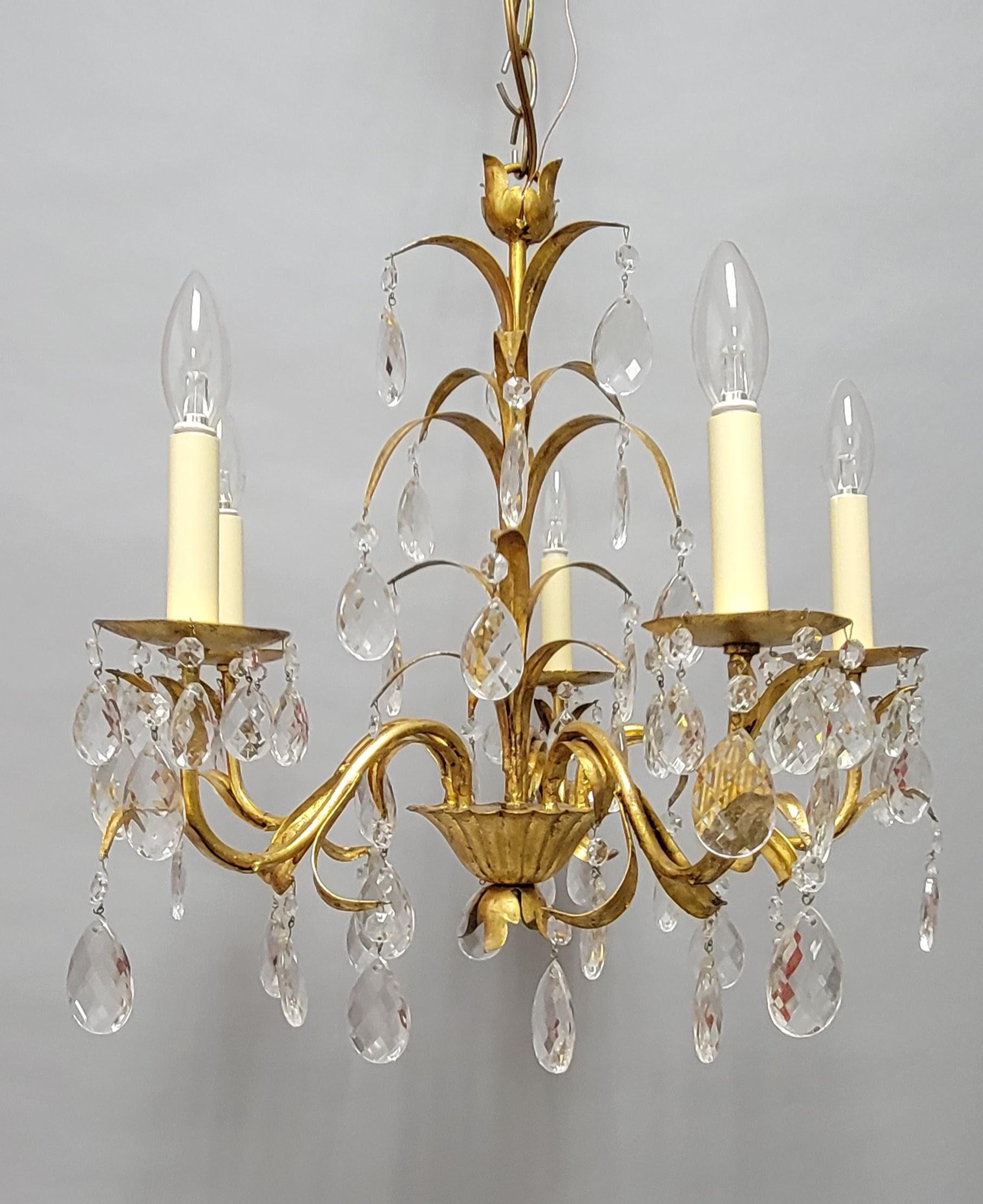 Vintage French Gilt Iron and Crystal Chandelier, 5-Light For Sale 4