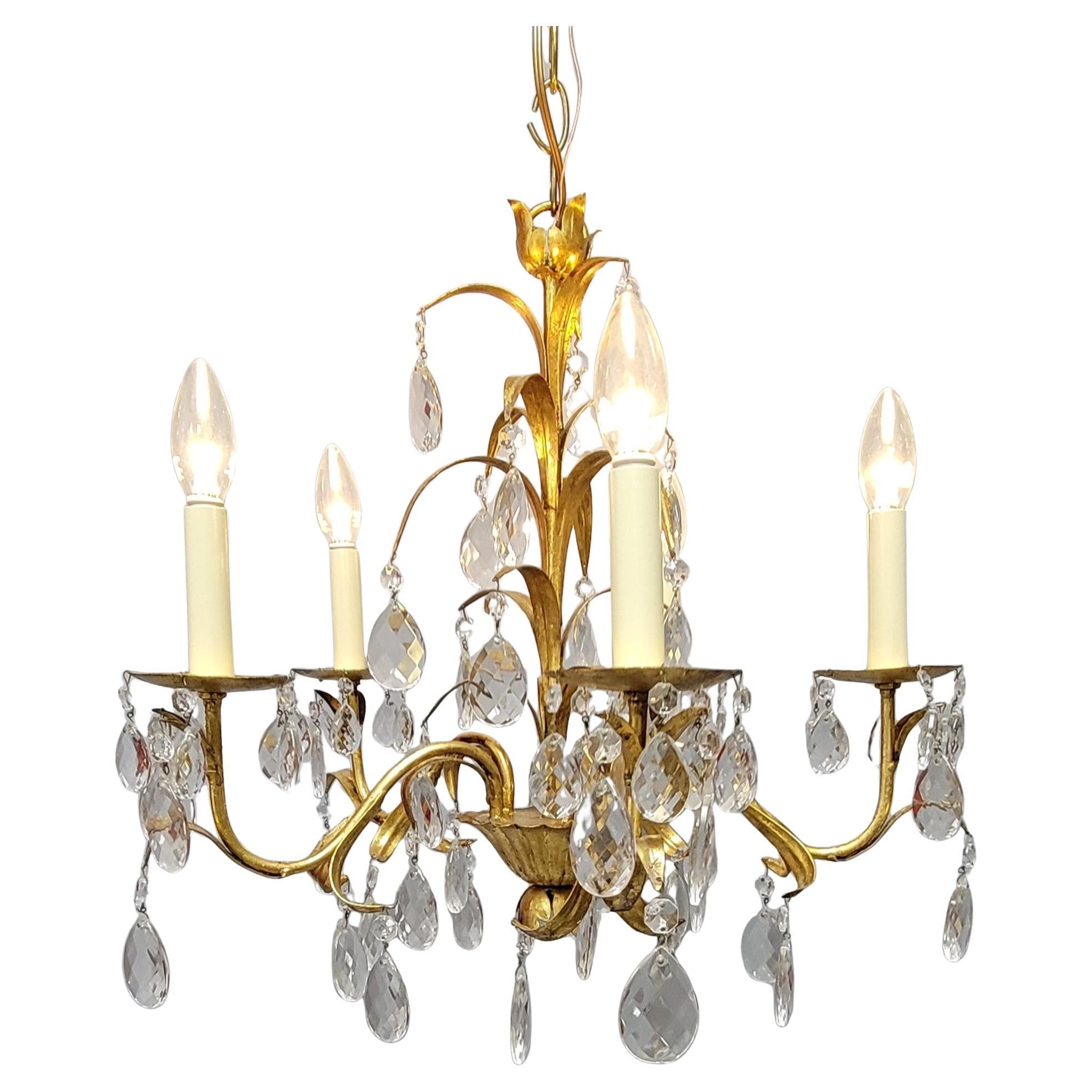 Vintage French Gilt Iron and Crystal Chandelier, 5-Light