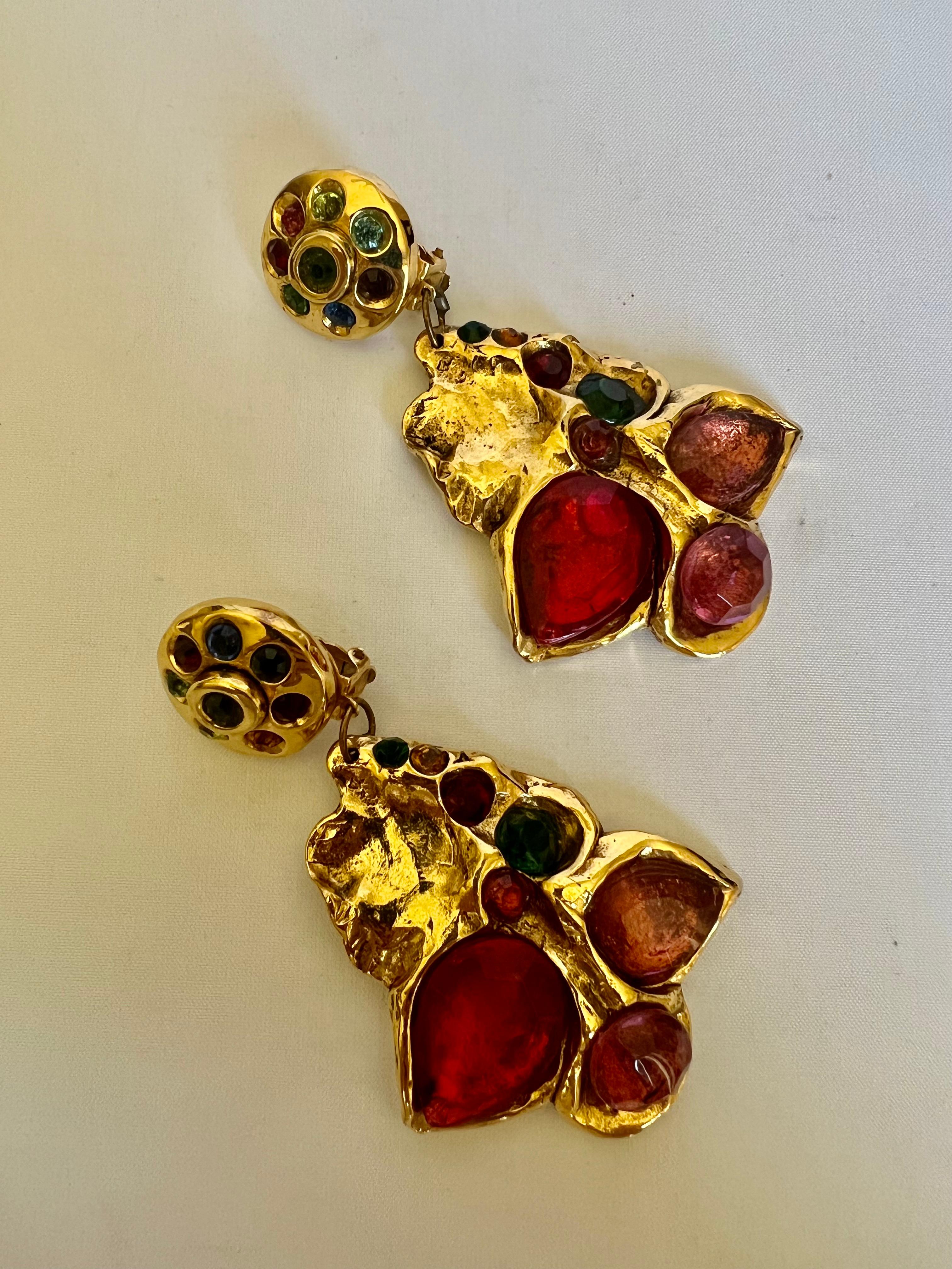 Women's Vintage French Gilt Jeweled Dangle Earrings  For Sale