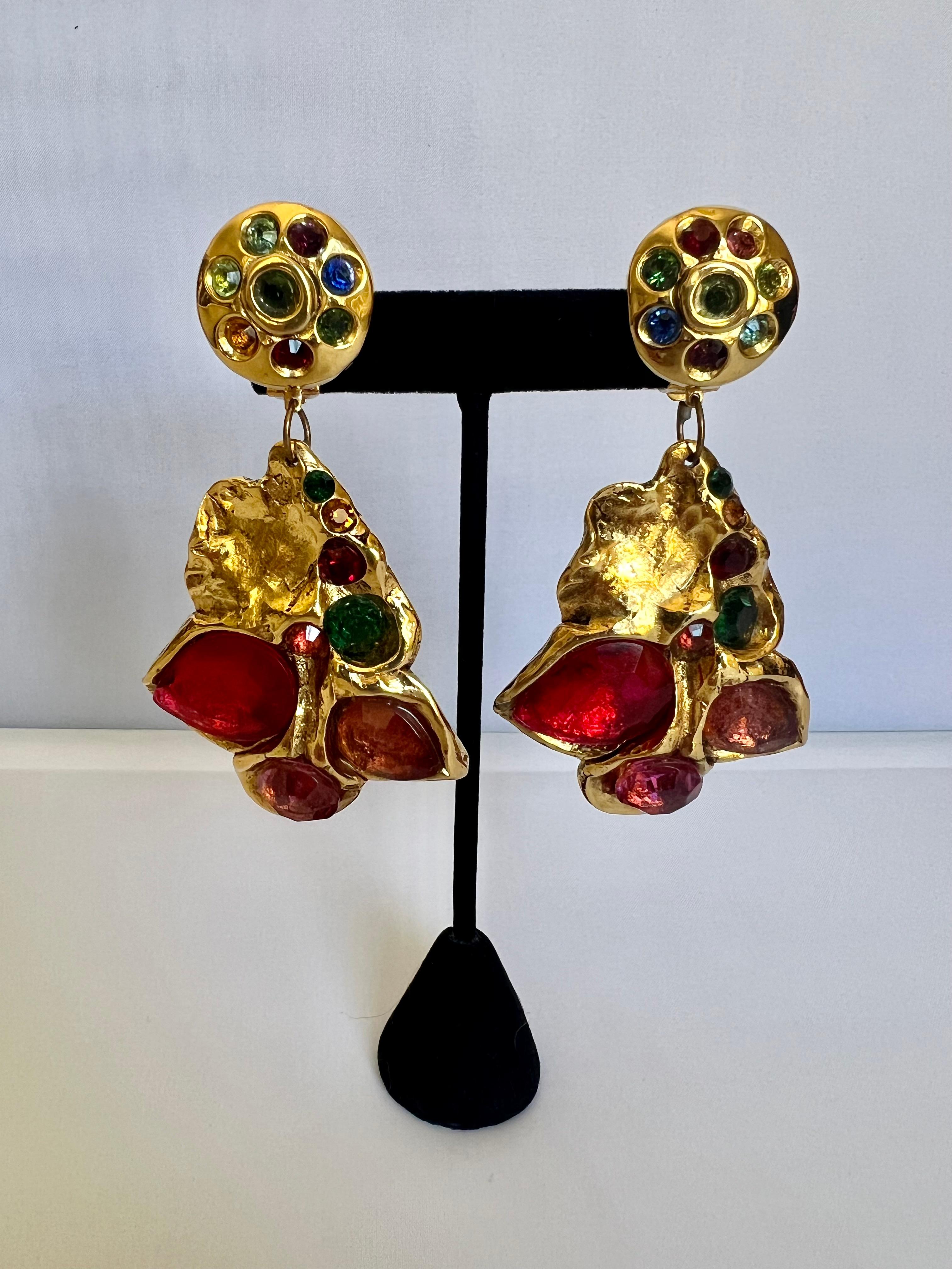 Vintage French Gilt Jeweled Dangle Earrings  For Sale 1