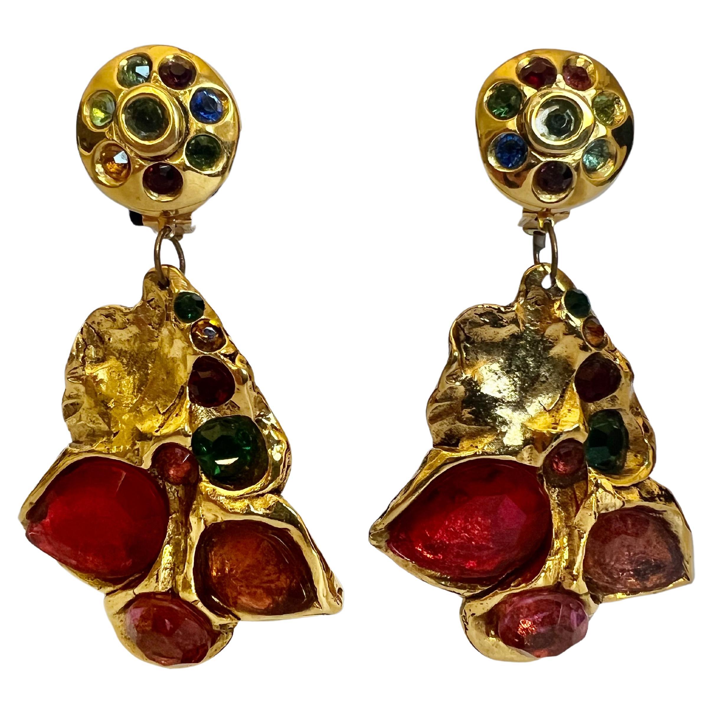 Vintage French Gilt Jeweled Dangle Earrings  For Sale