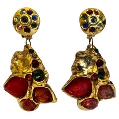 Vintage French Gilt Jeweled Dangle Earrings 