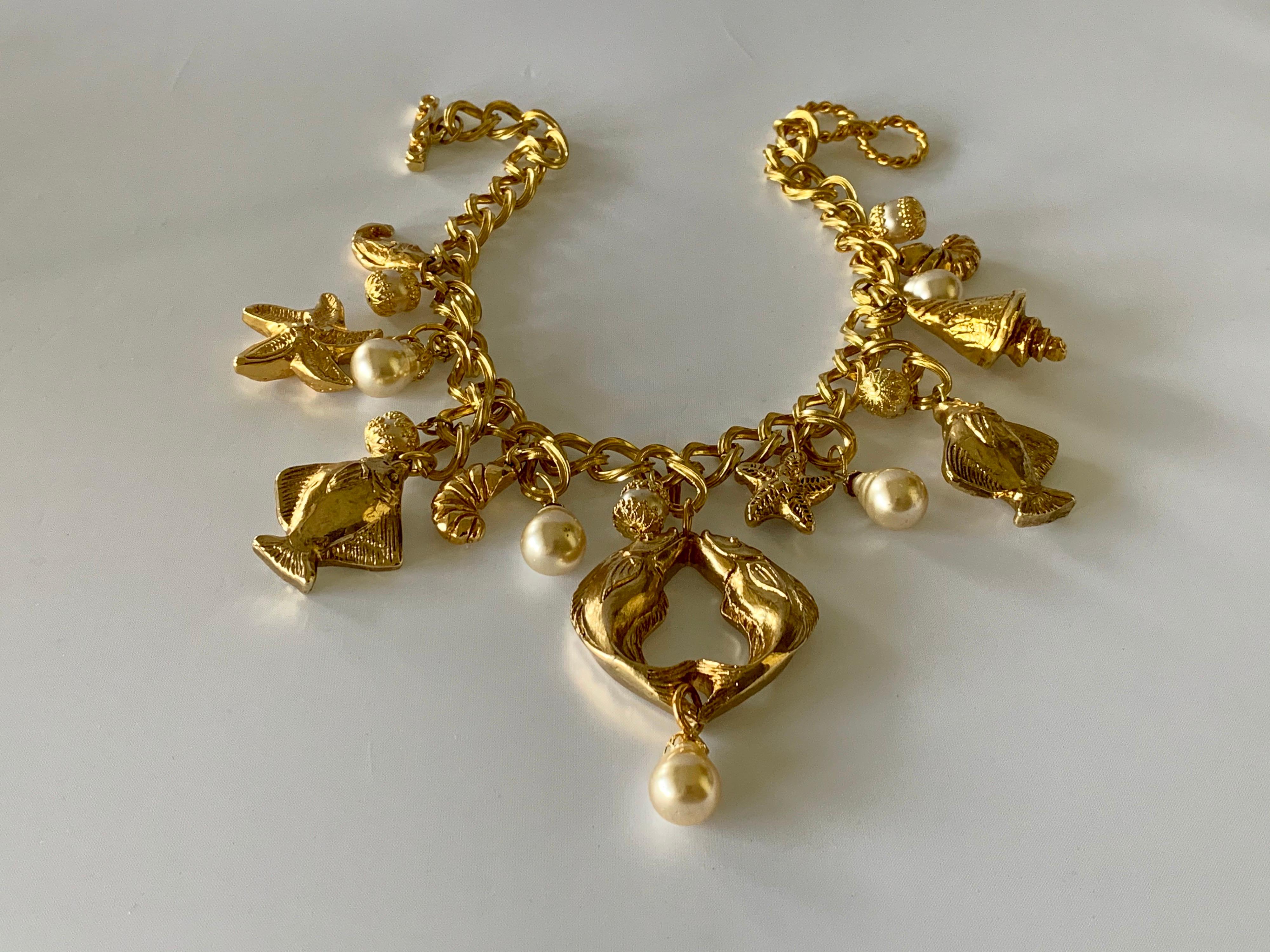 French Cut Vintage French Gilt Nautical Fish Pearl Statement Necklace