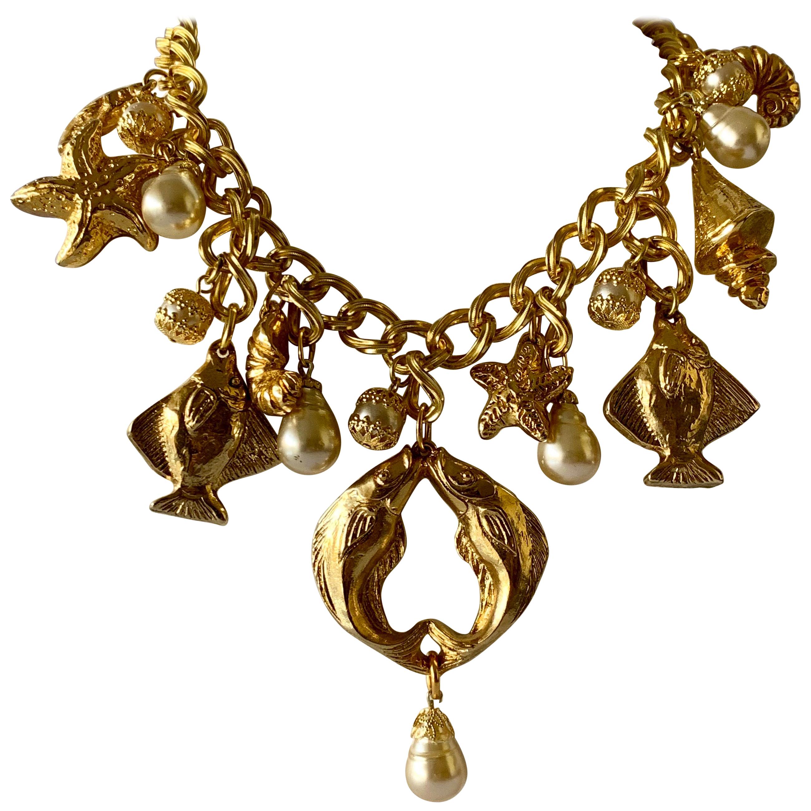 Vintage French Gilt Nautical Fish Pearl Statement Necklace