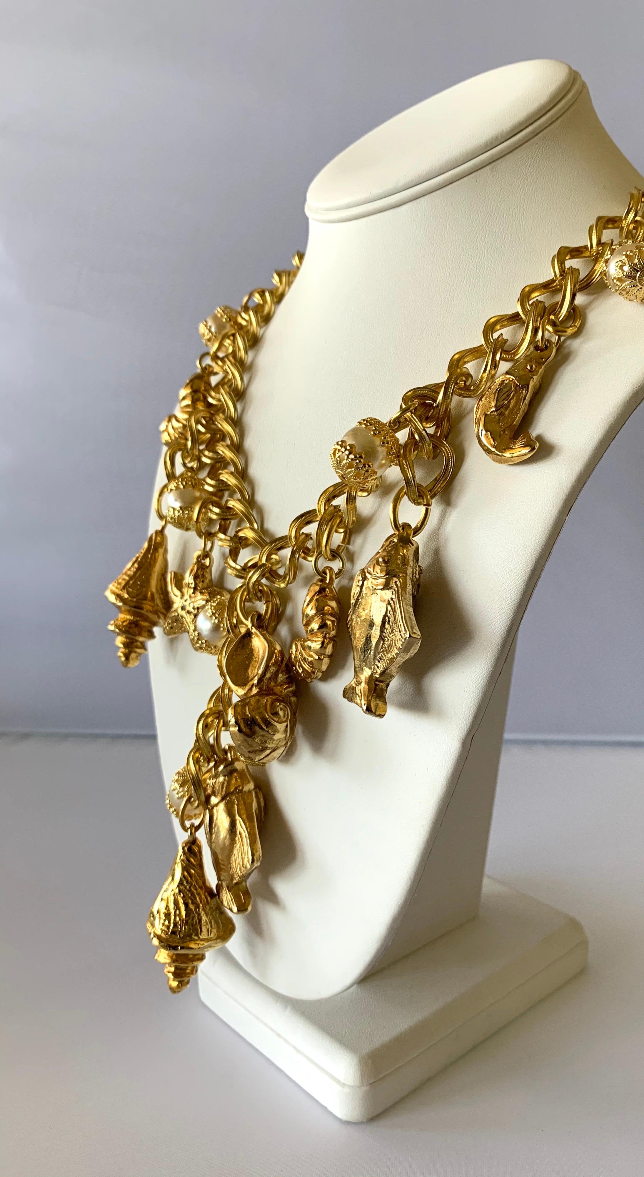 French Cut Vintage French Gilt Nautical Pearl Statement Necklace