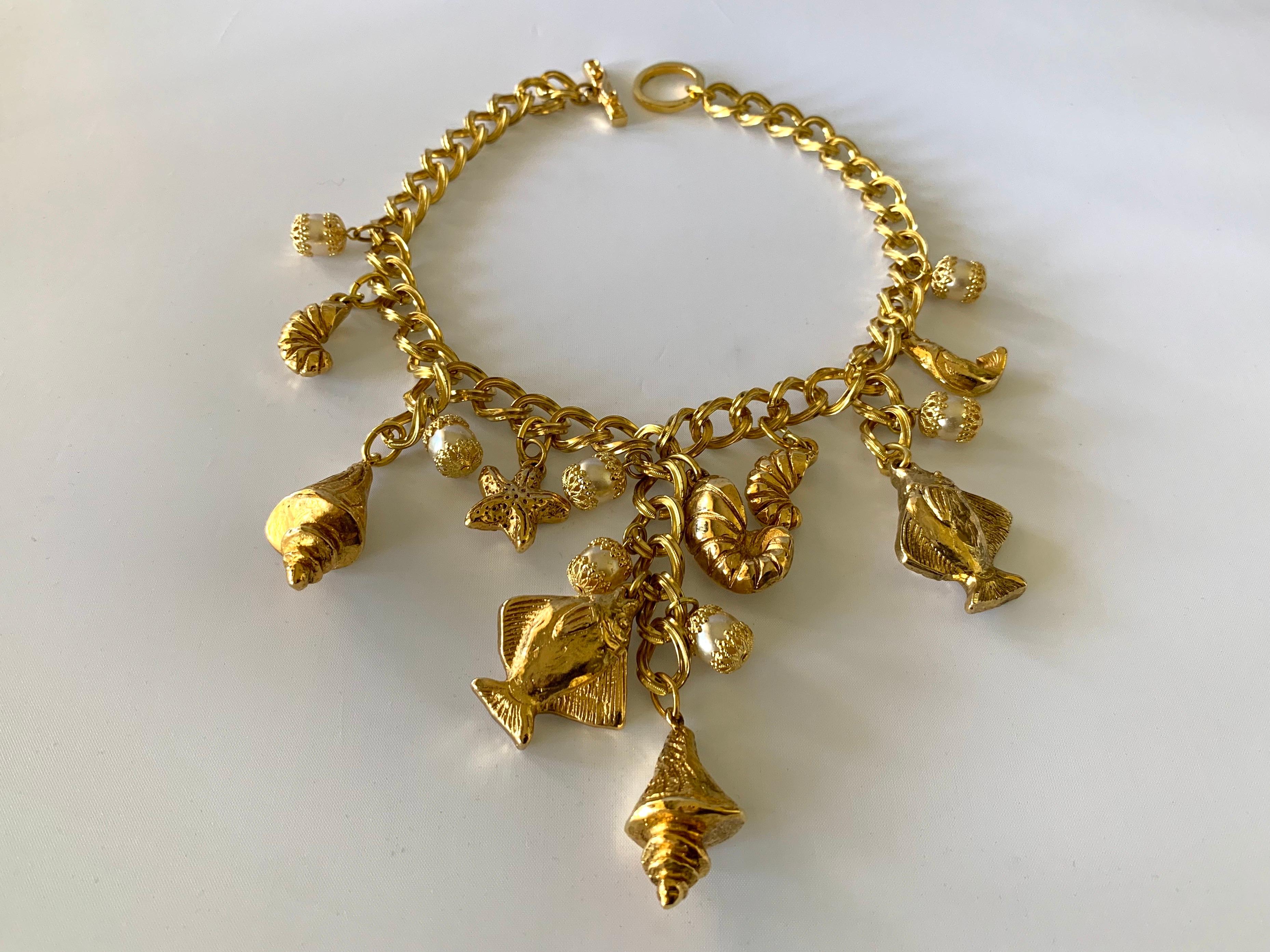Vintage French Gilt Nautical Pearl Statement Necklace In Excellent Condition In Palm Springs, CA