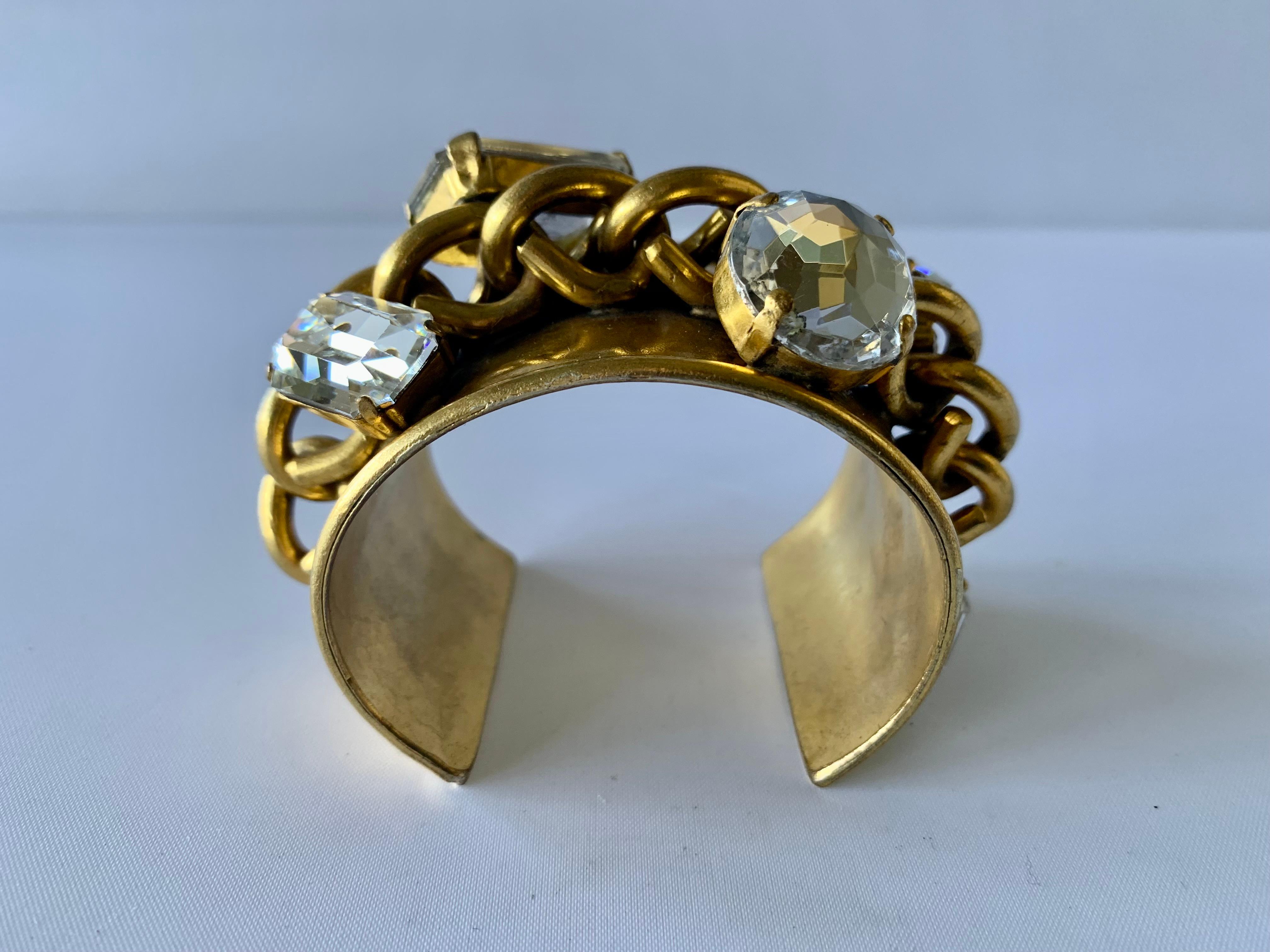 Artisan Vintage French Gilt Ornate Rhinestone Cuff Bracelet  For Sale