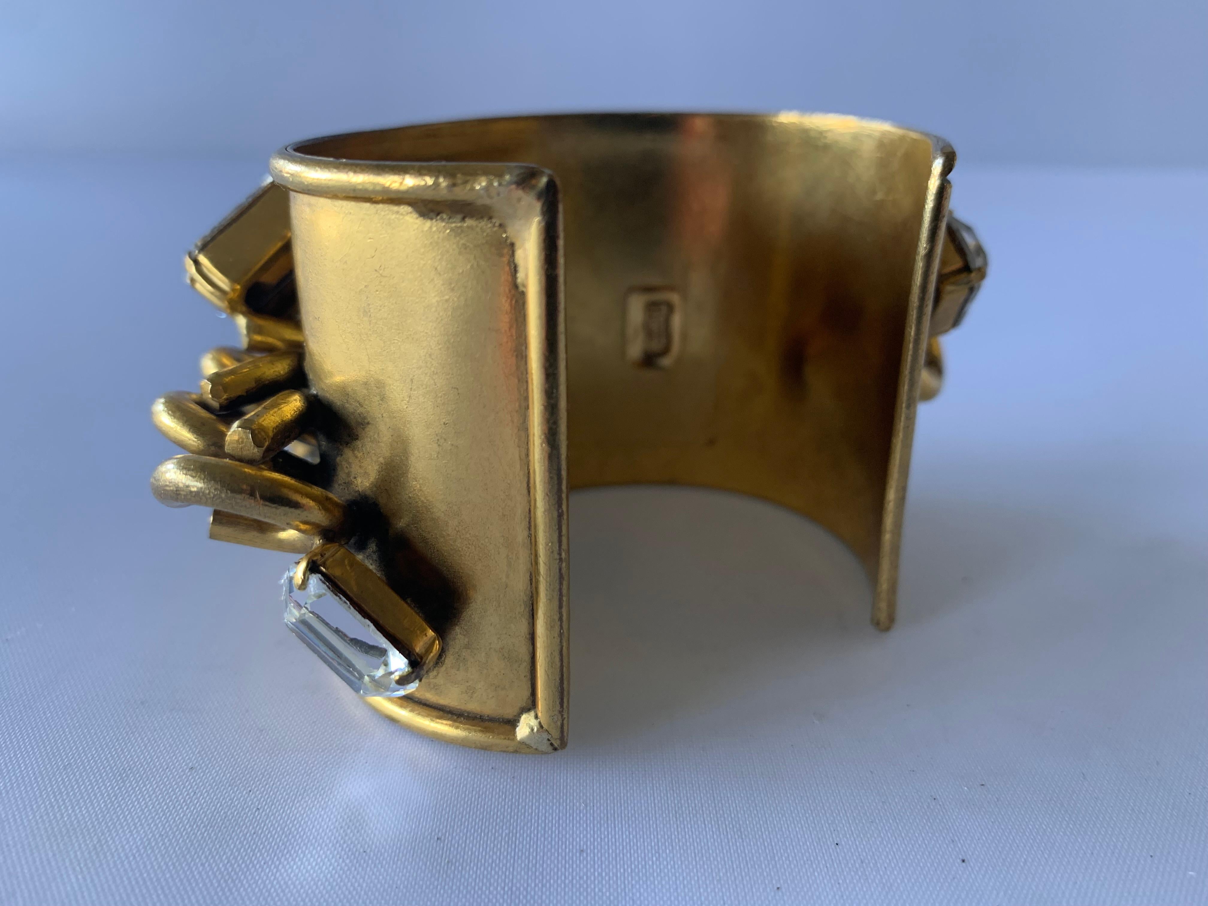 Vintage French Gilt Ornate Rhinestone Cuff Bracelet  In Good Condition For Sale In Palm Springs, CA