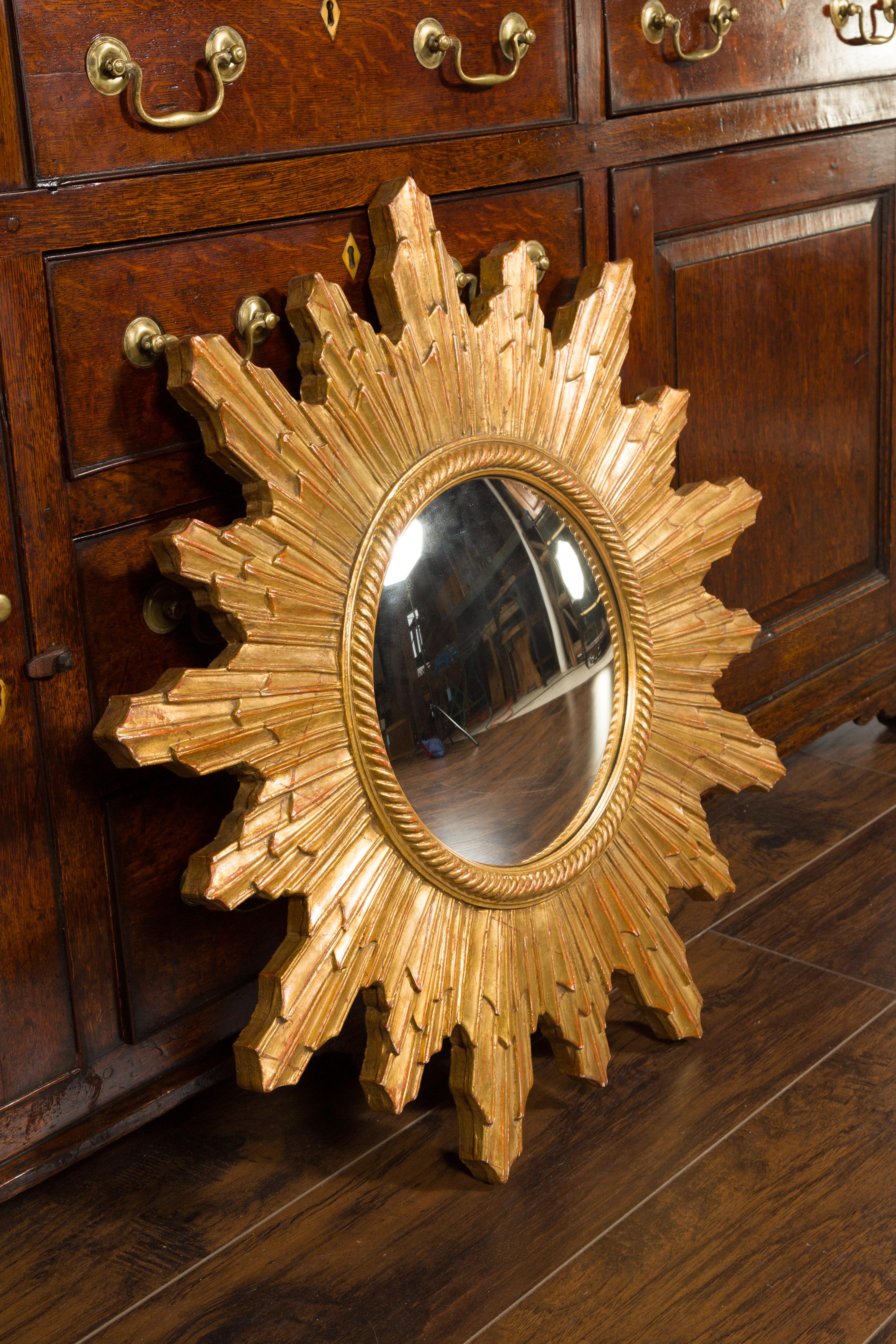 Mid-Century Modern Vintage French Gilt Sunburst with Convex Mirror and Twisted Motifs, circa 1960