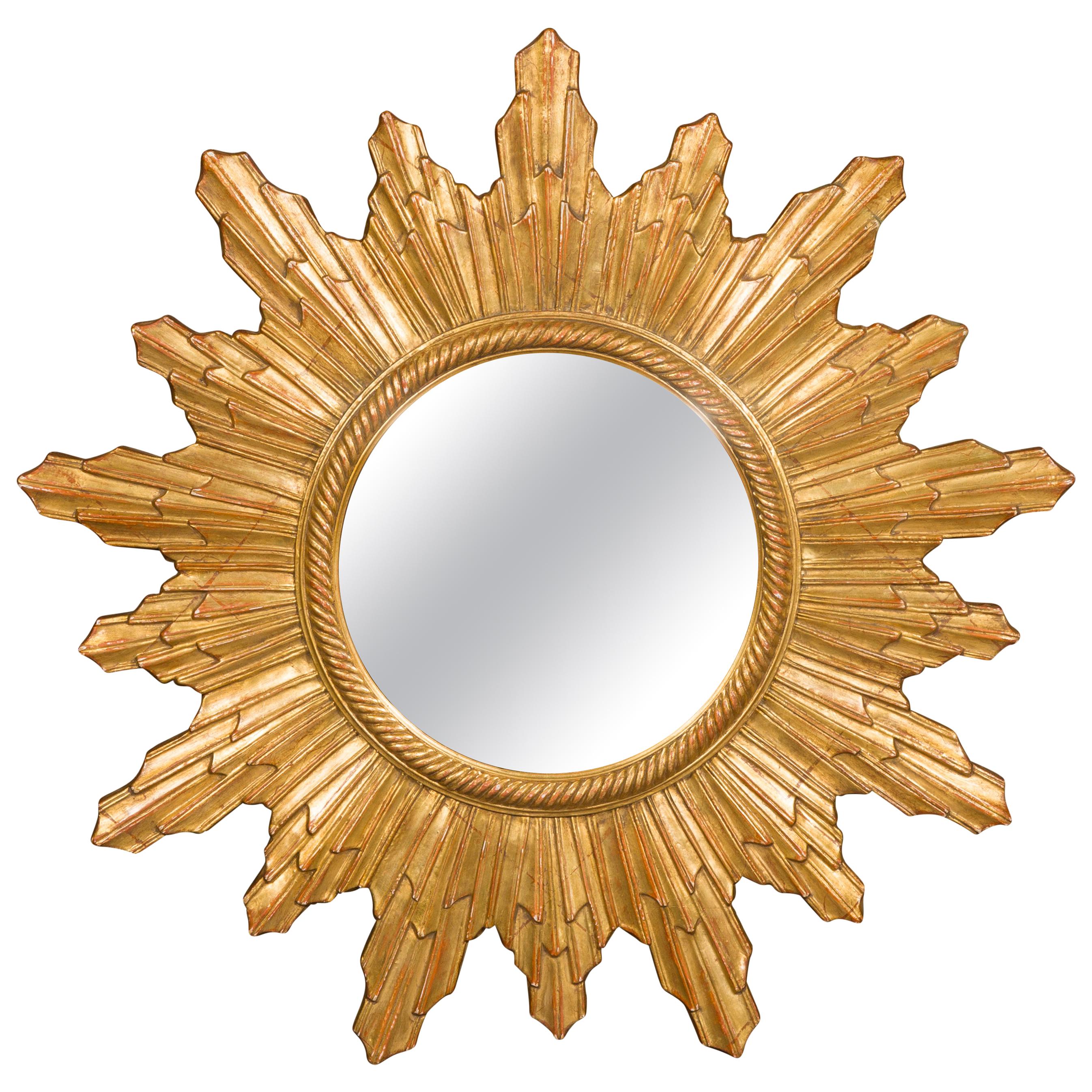 Vintage French Gilt Sunburst with Convex Mirror and Twisted Motifs, circa 1960