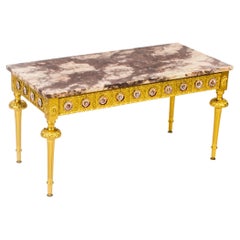 Vintage French Giltwood & Marble Top Coffee Table Limoges Plaques 20th Century