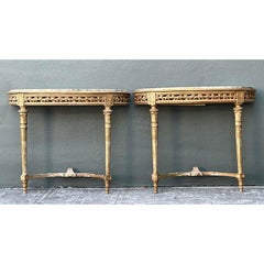 Vintage French Giltwood Marble Top Demilune Console Tables - A Pair