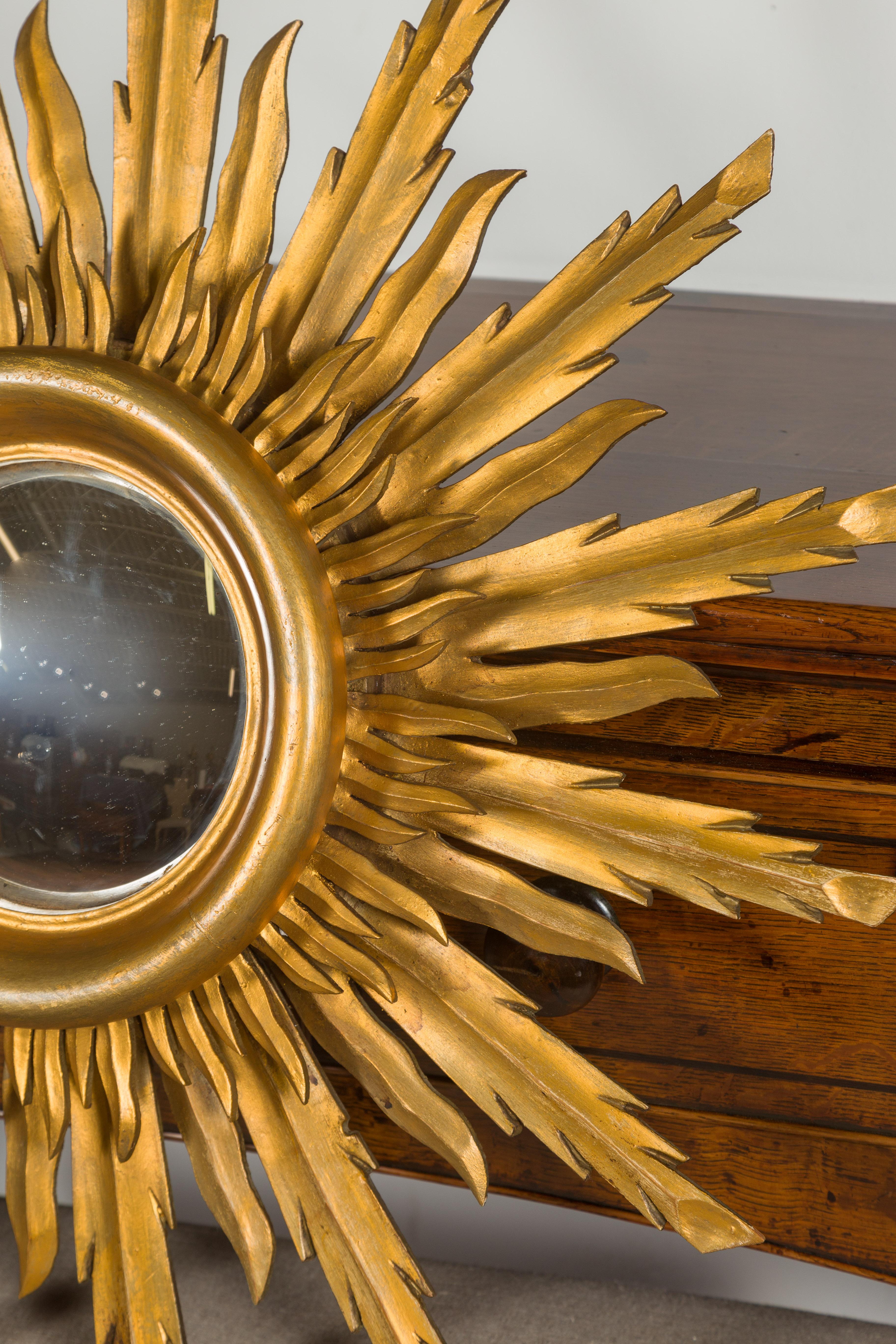 Vintage French Giltwood Midcentury Convex Sunburst Mirror with Wavy Rays 1