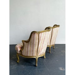 Vintage French Giltwood Striped Devore Bergère Chairs - A Pair