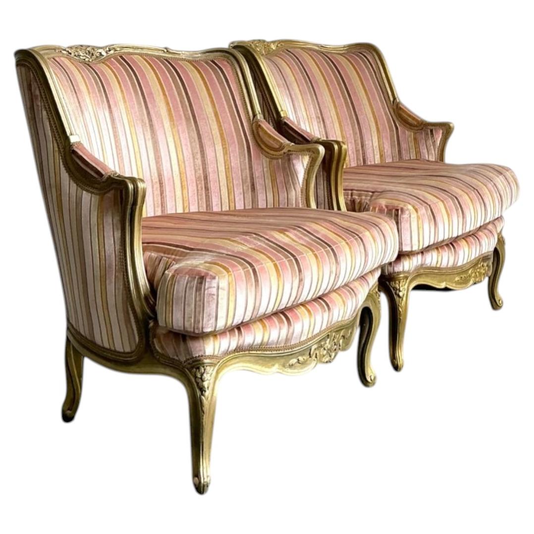 Vintage French Giltwood Striped Devore Bergère Chairs - A Pair For Sale
