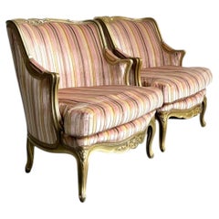 Vintage French Giltwood Striped Devore Bergère Chairs - A Pair