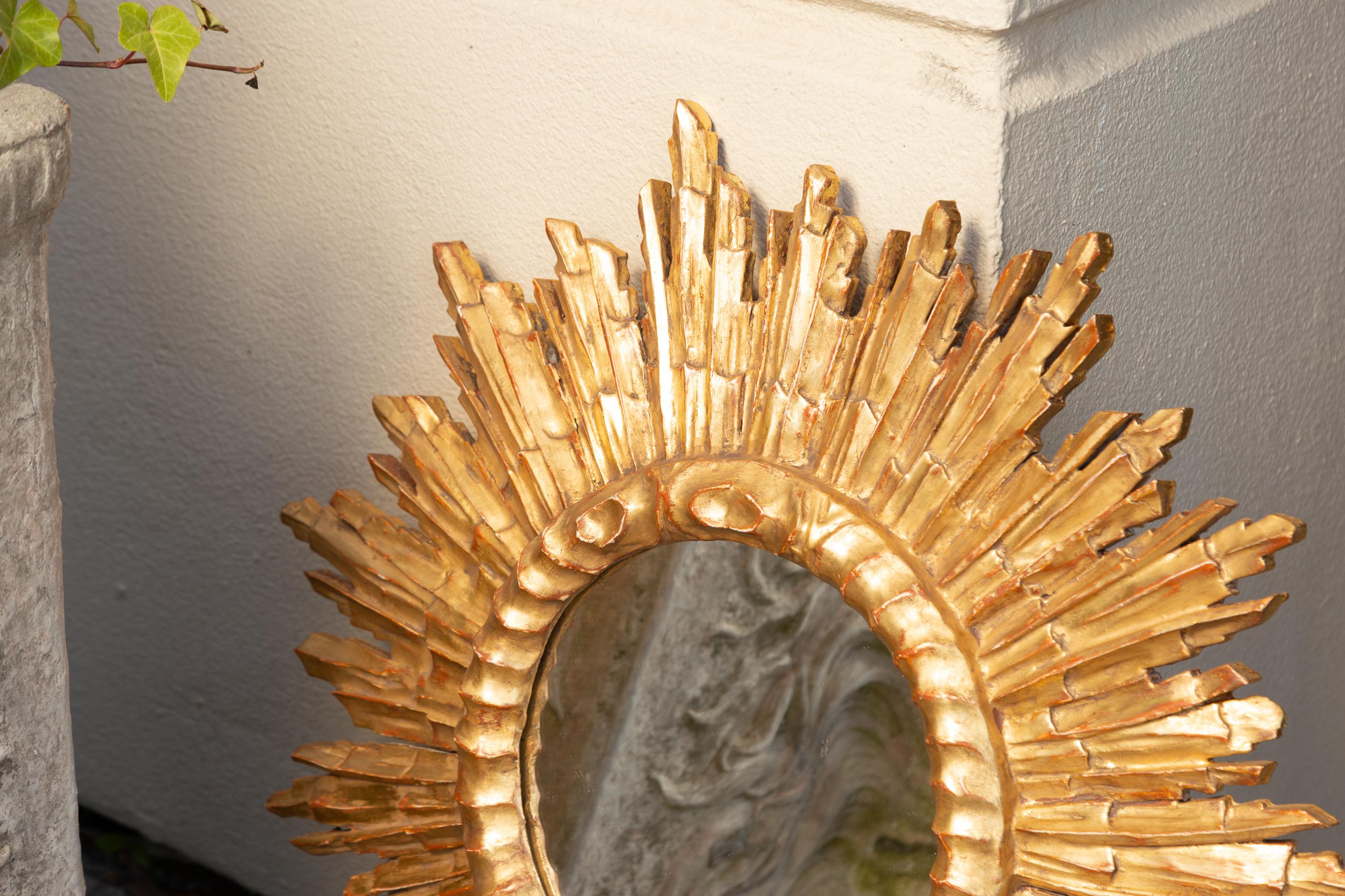 Vintage French Giltwood Sunburst Mirror with Cloudy Frame, circa 1950 3